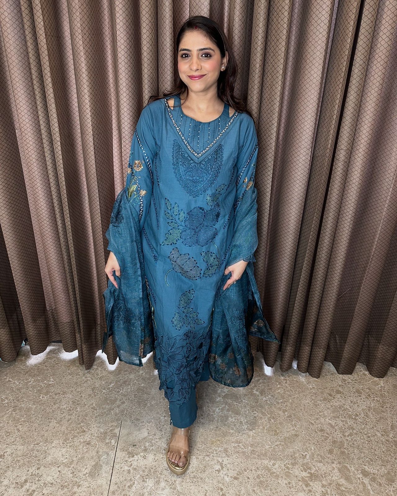 Teal Blue Threadwork Embroidered Suit Set