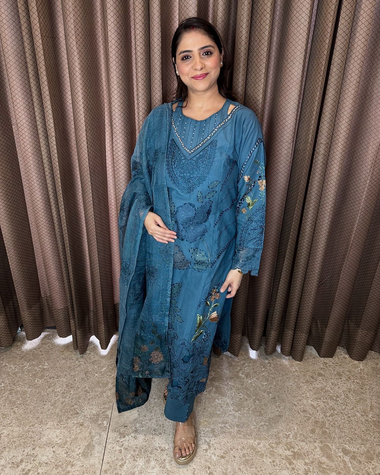 Teal Blue Threadwork Embroidered Suit Set