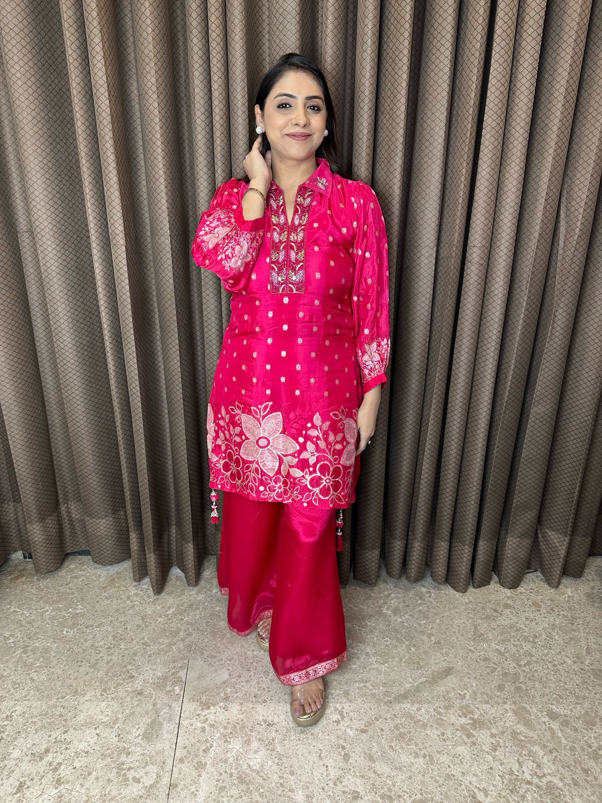 Hot Pink Floral Embroidered Co-ord Set with Palazzo Pants