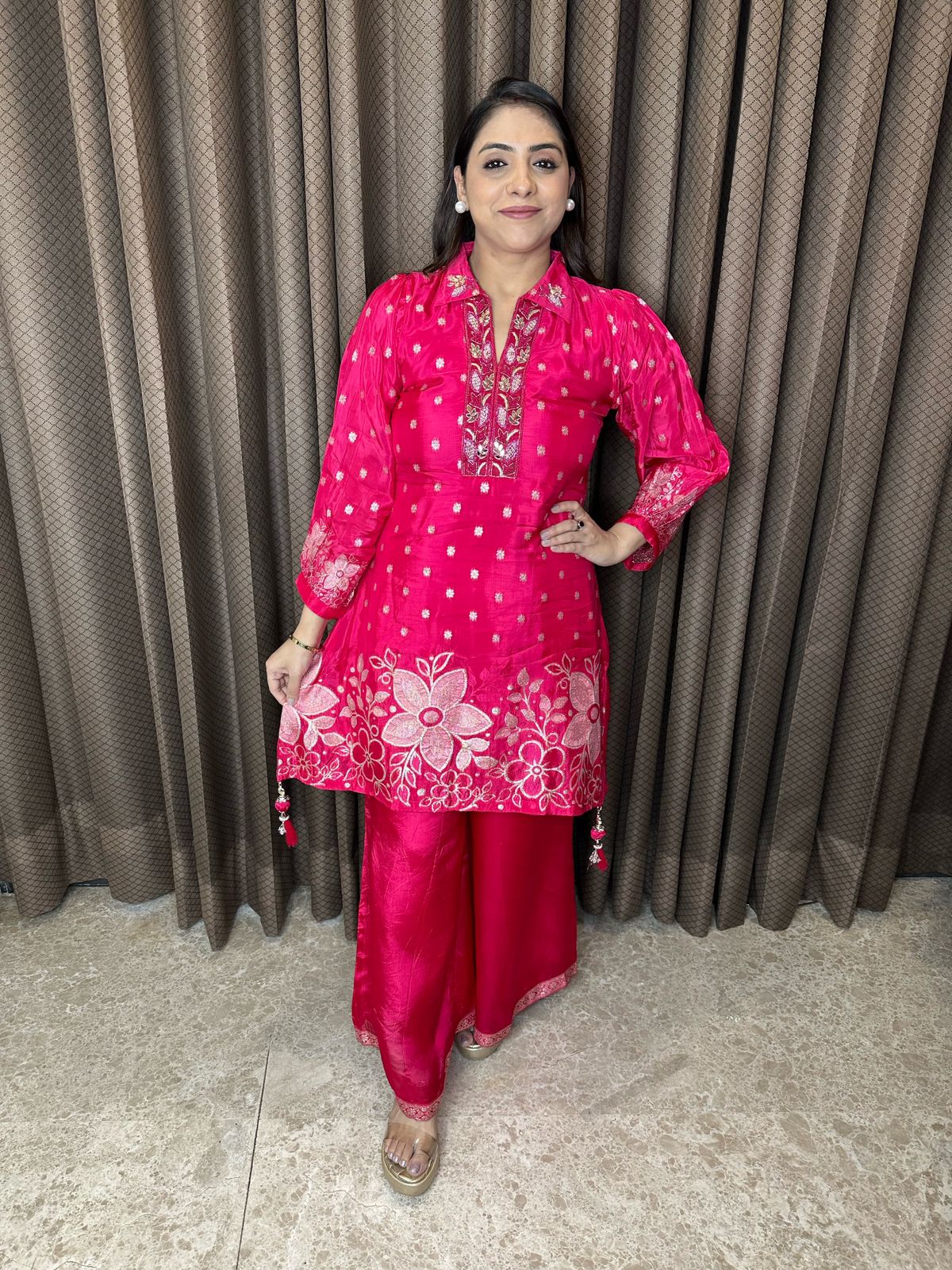 Hot Pink Floral Embroidered Co-ord Set with Palazzo Pants