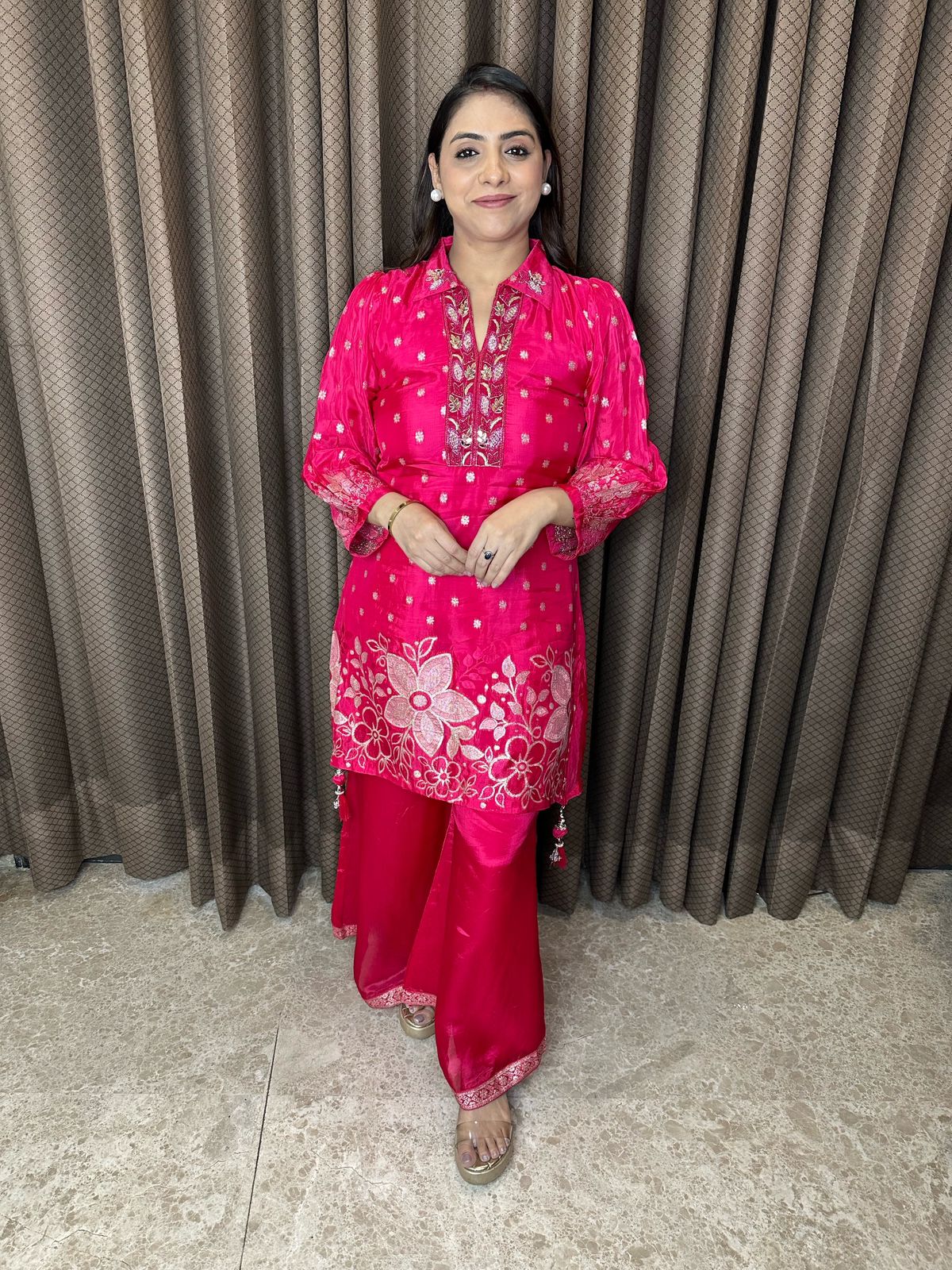 Hot Pink Floral Embroidered Co-ord Set with Palazzo Pants