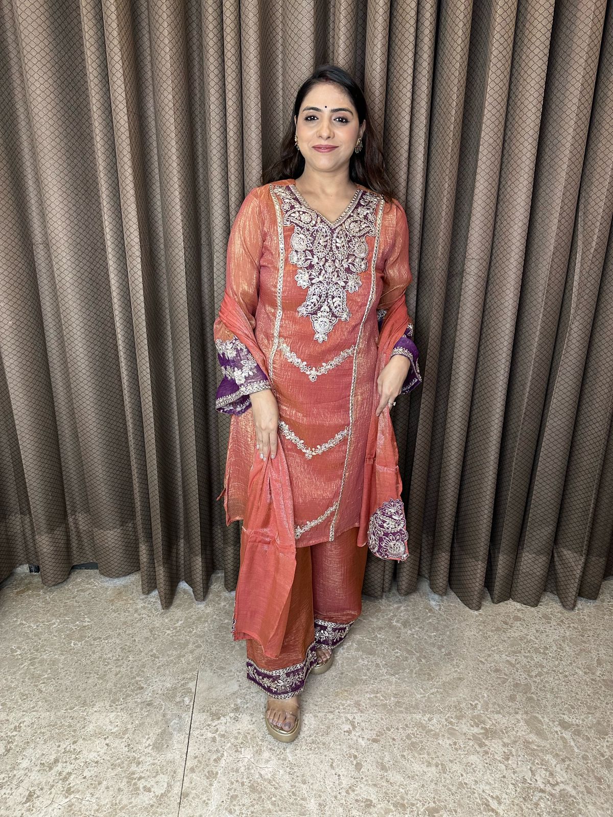 Rust Orange Embroidered Suit Set with Purple Accents