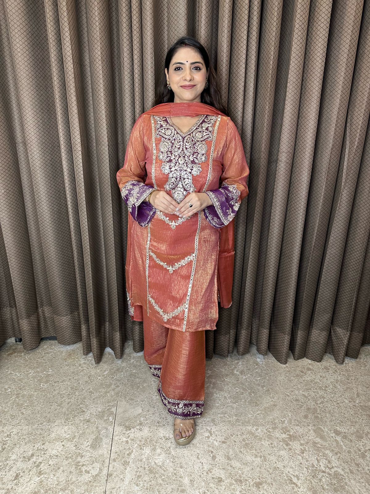 Rust Orange Embroidered Suit Set with Purple Accents