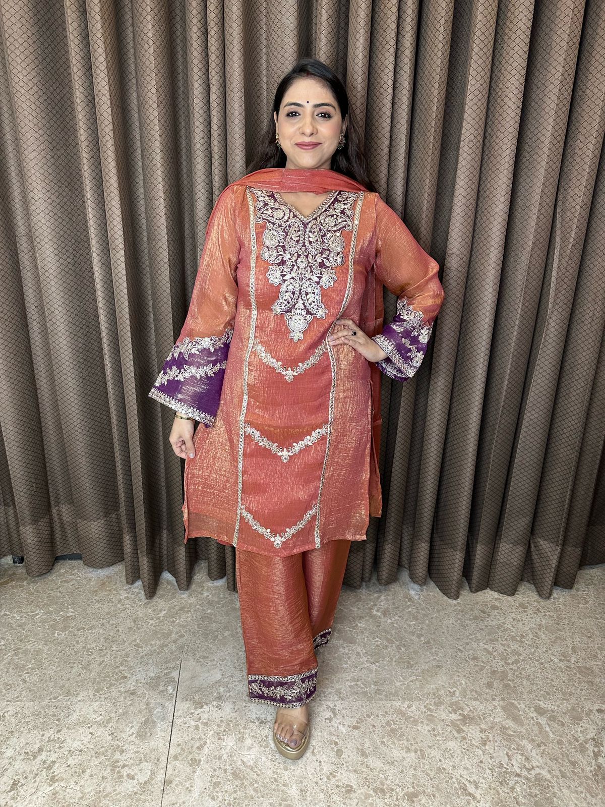 Rust Orange Embroidered Suit Set with Purple Accents