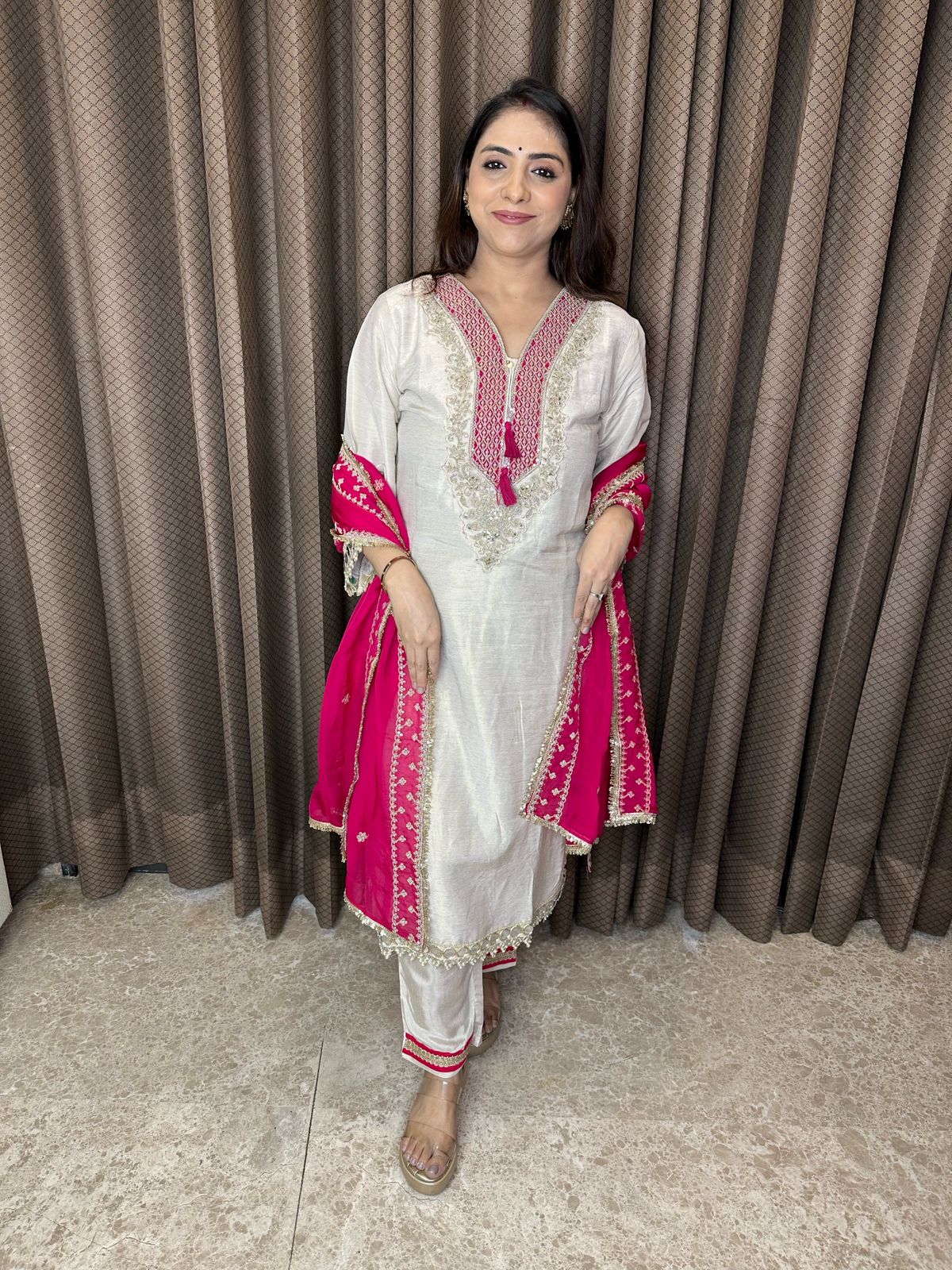 Ivory & Pink Embroidered with Mirror Work Suit Set with Dupatta