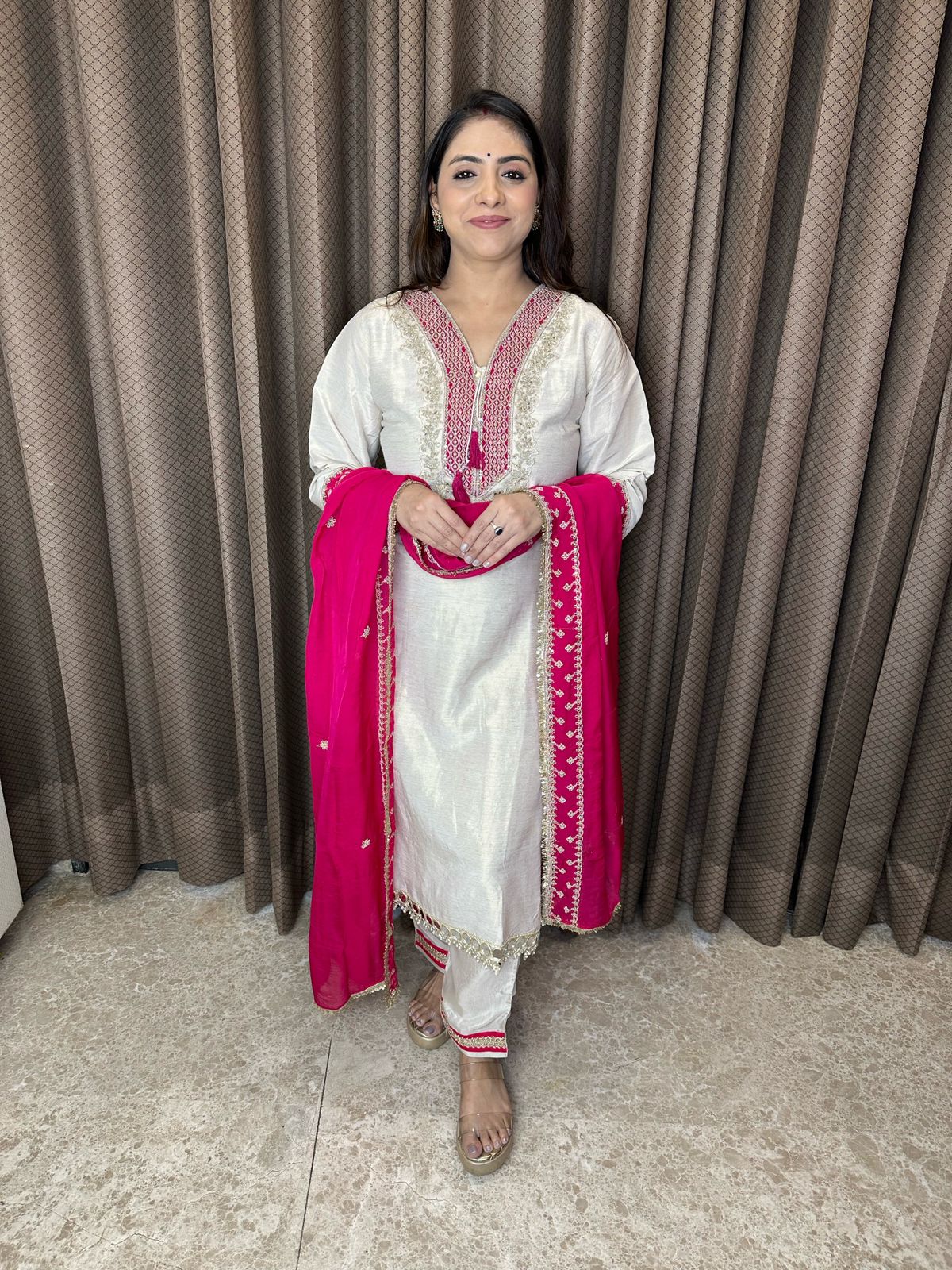 Ivory & Pink Embroidered with Mirror Work Suit Set with Dupatta