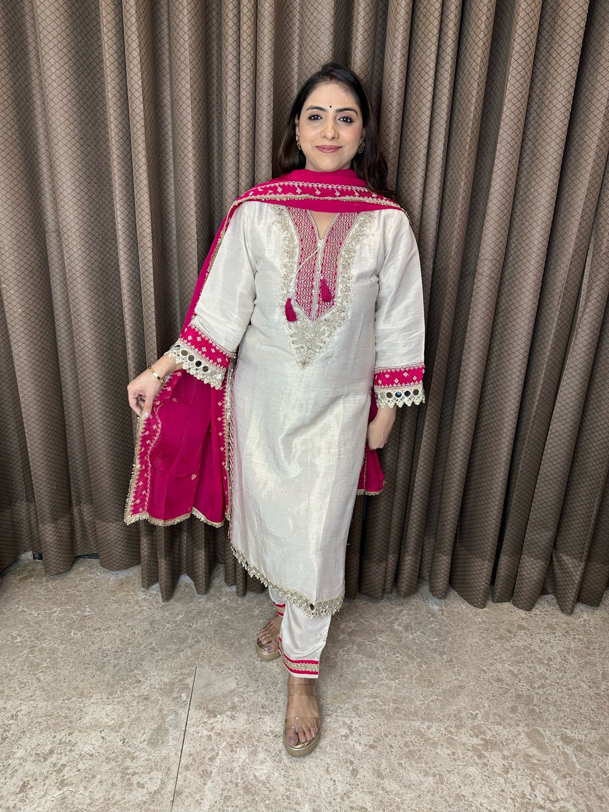 Ivory & Pink Embroidered with Mirror Work Suit Set with Dupatta