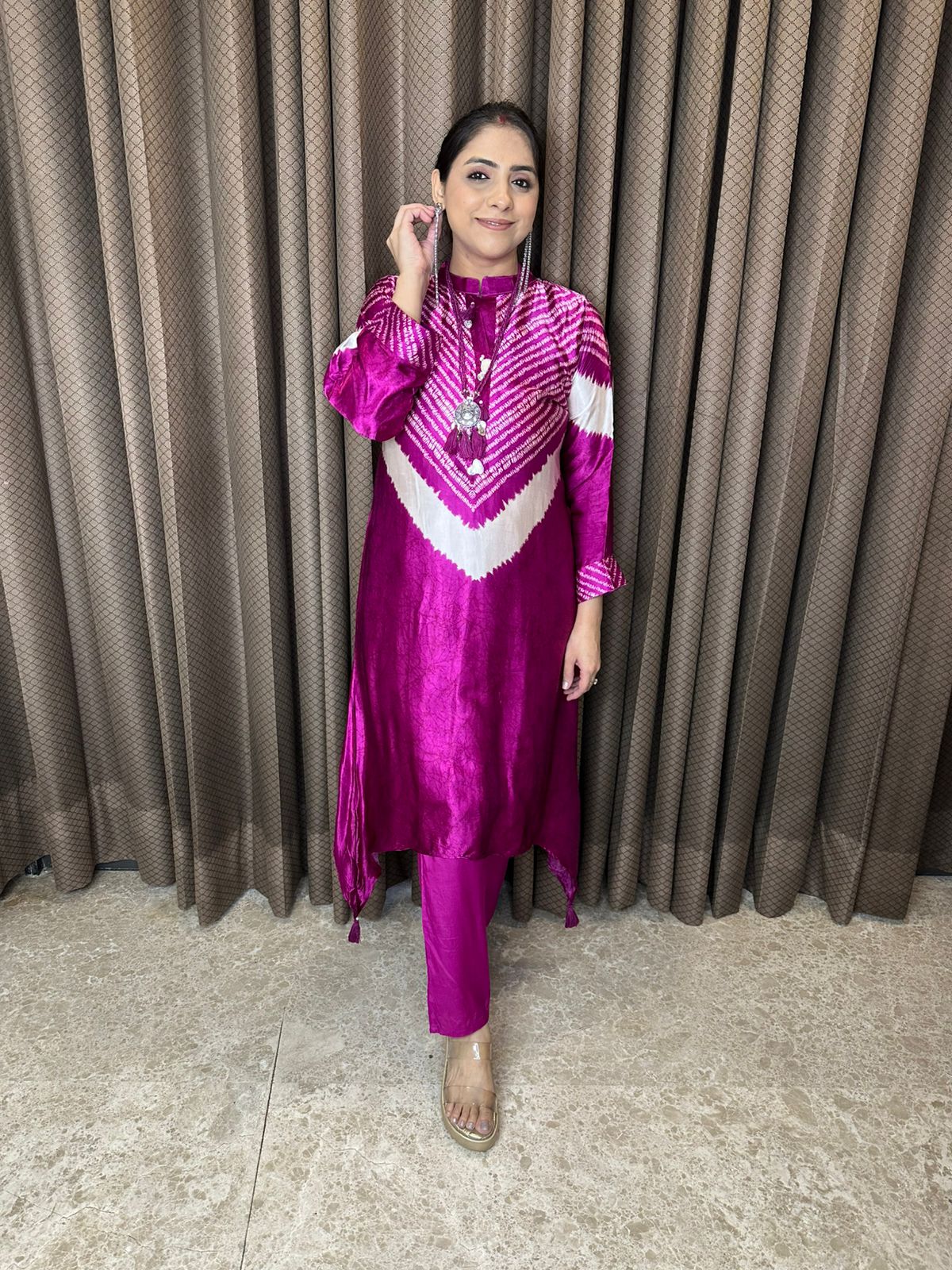 Magenta Bandhani Pattern Kurta Set with Tassel Detailing