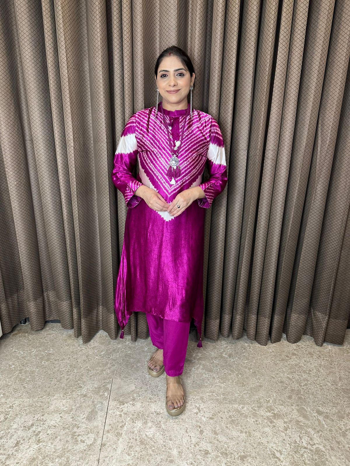 Magenta Bandhani Pattern Kurta Set with Tassel Detailing