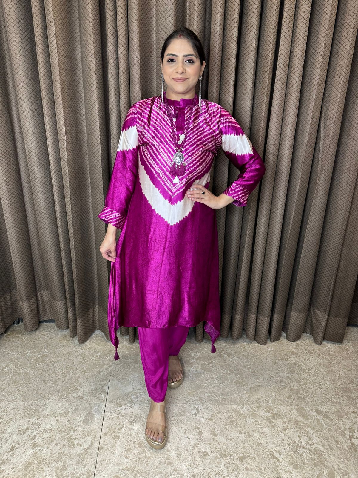 Magenta Bandhani Pattern Kurta Set with Tassel Detailing