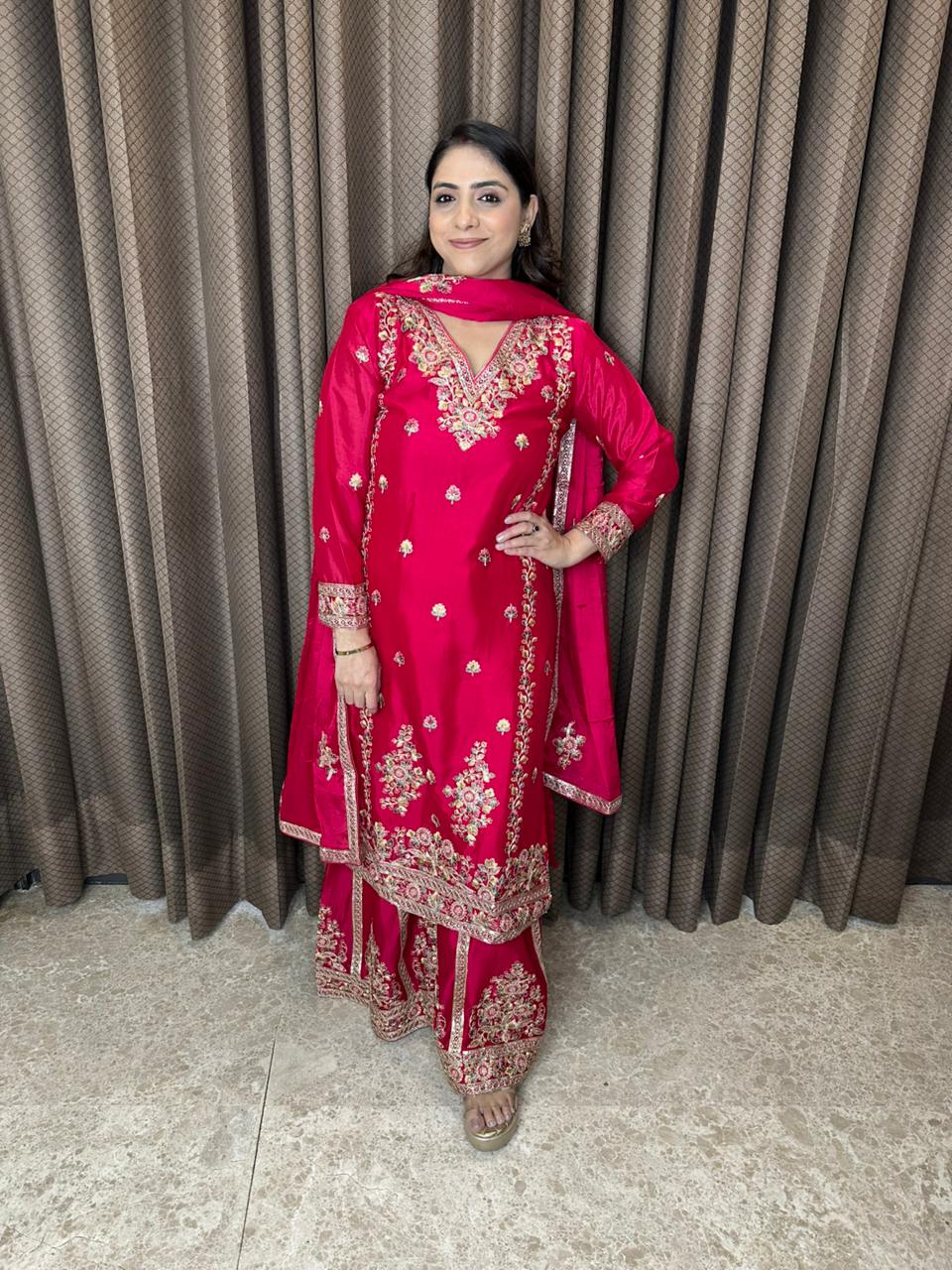 Crimson Red Embroidered Sharara Suit Set