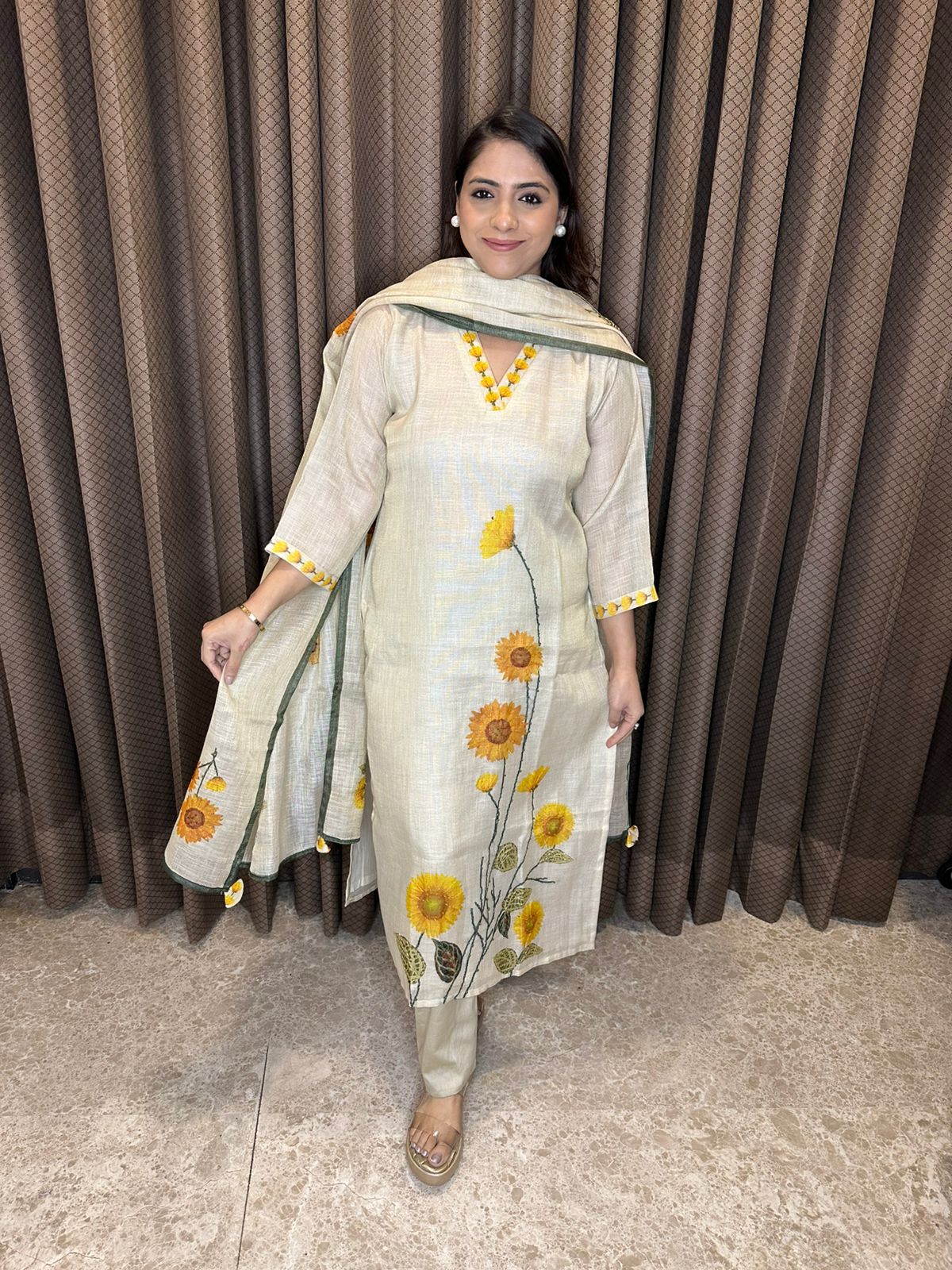 Beige Sunflower Embroidered Suit Set