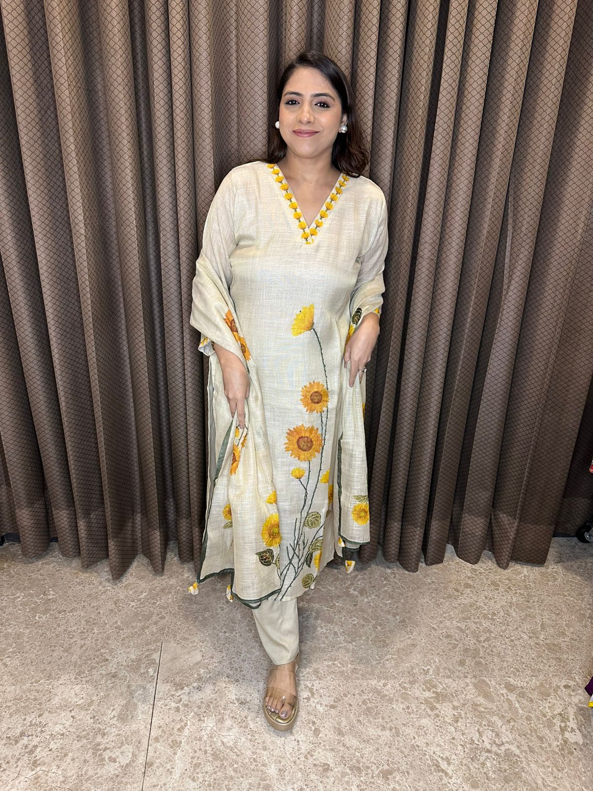 Beige Sunflower Embroidered Suit Set