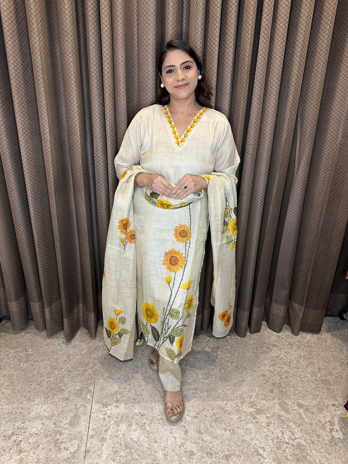 Beige Sunflower Embroidered Suit Set