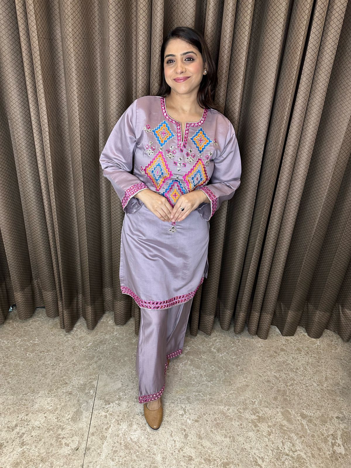 Lavender Co-ord Set with Colorful Geometric Embroidery