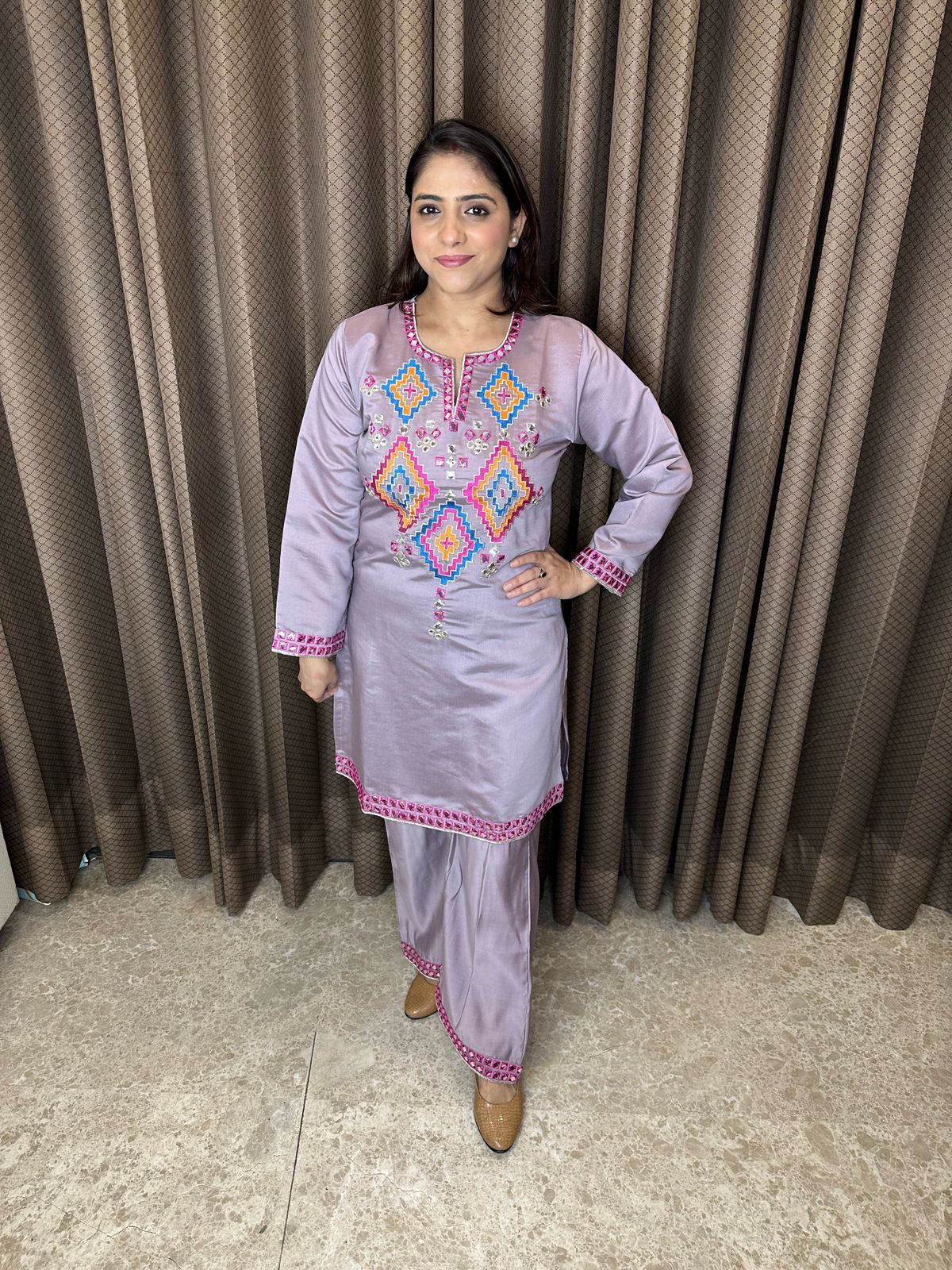 Lavender Co-ord Set with Colorful Geometric Embroidery