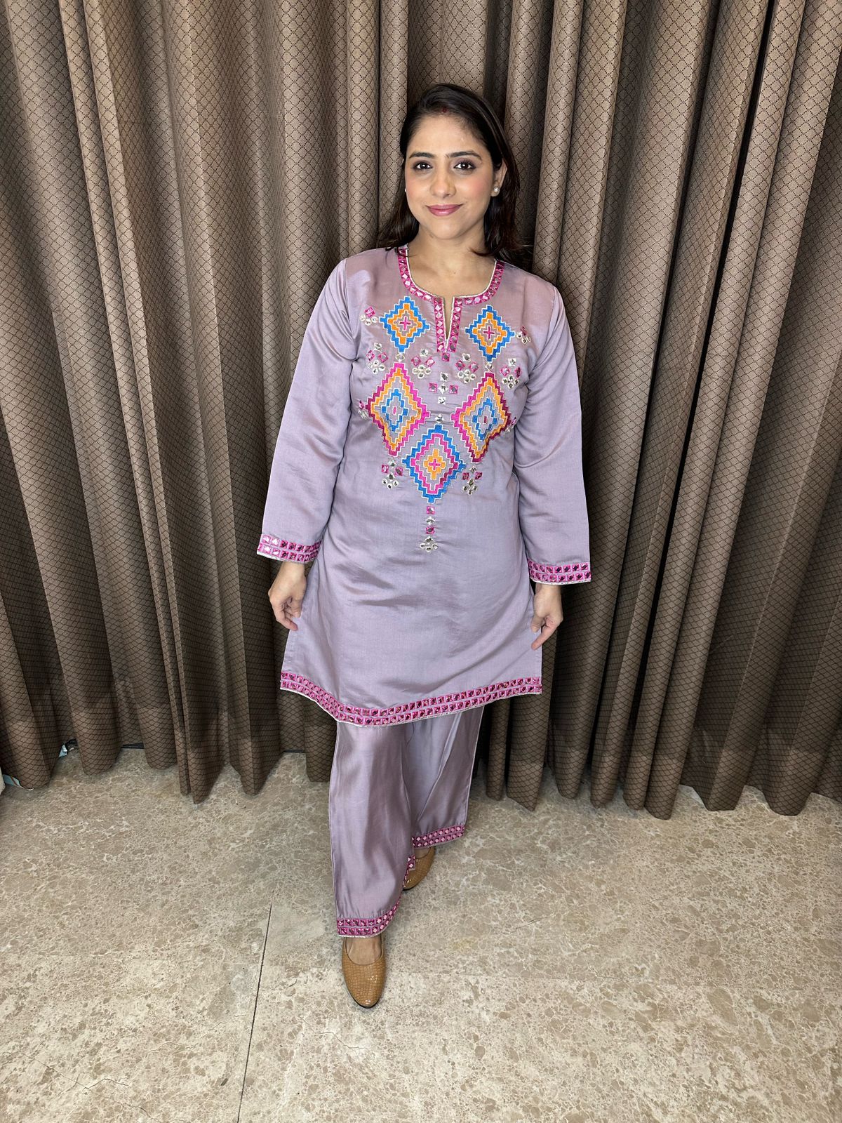 Lavender Co-ord Set with Colorful Geometric Embroidery