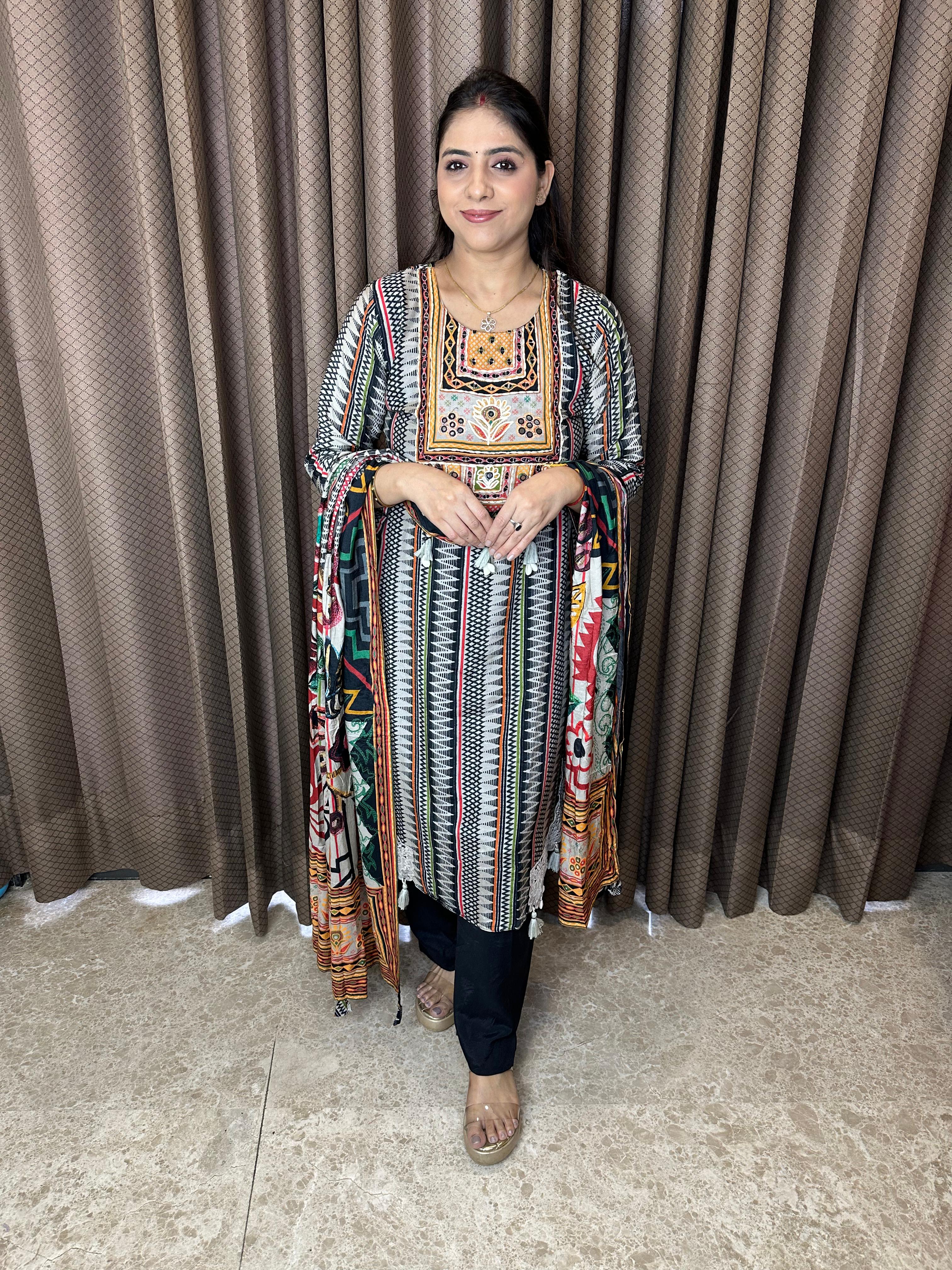 Black & Multicolor Striped Suit Set with Embroidered Yoke