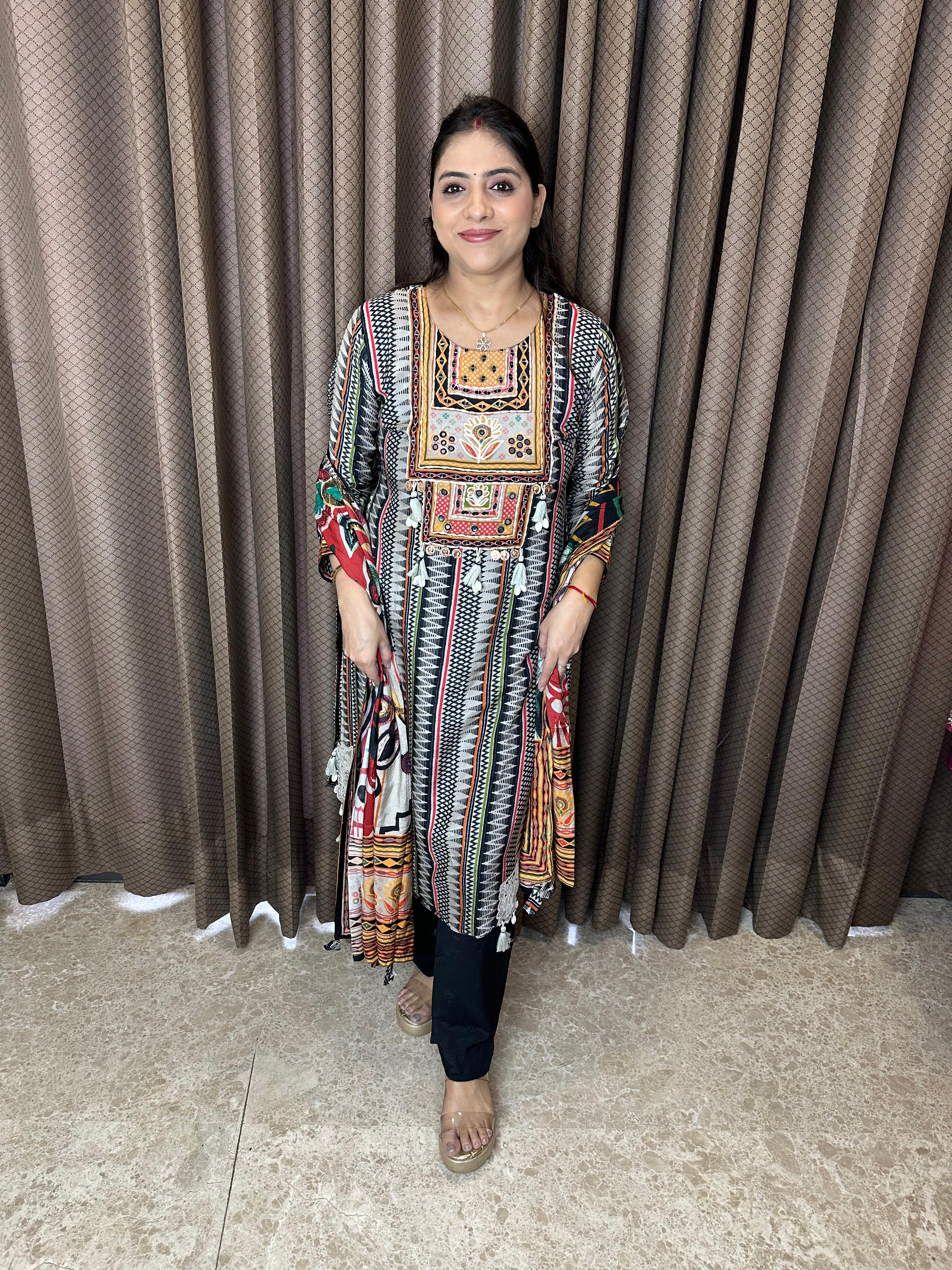 Black & Multicolor Striped Suit Set with Embroidered Yoke