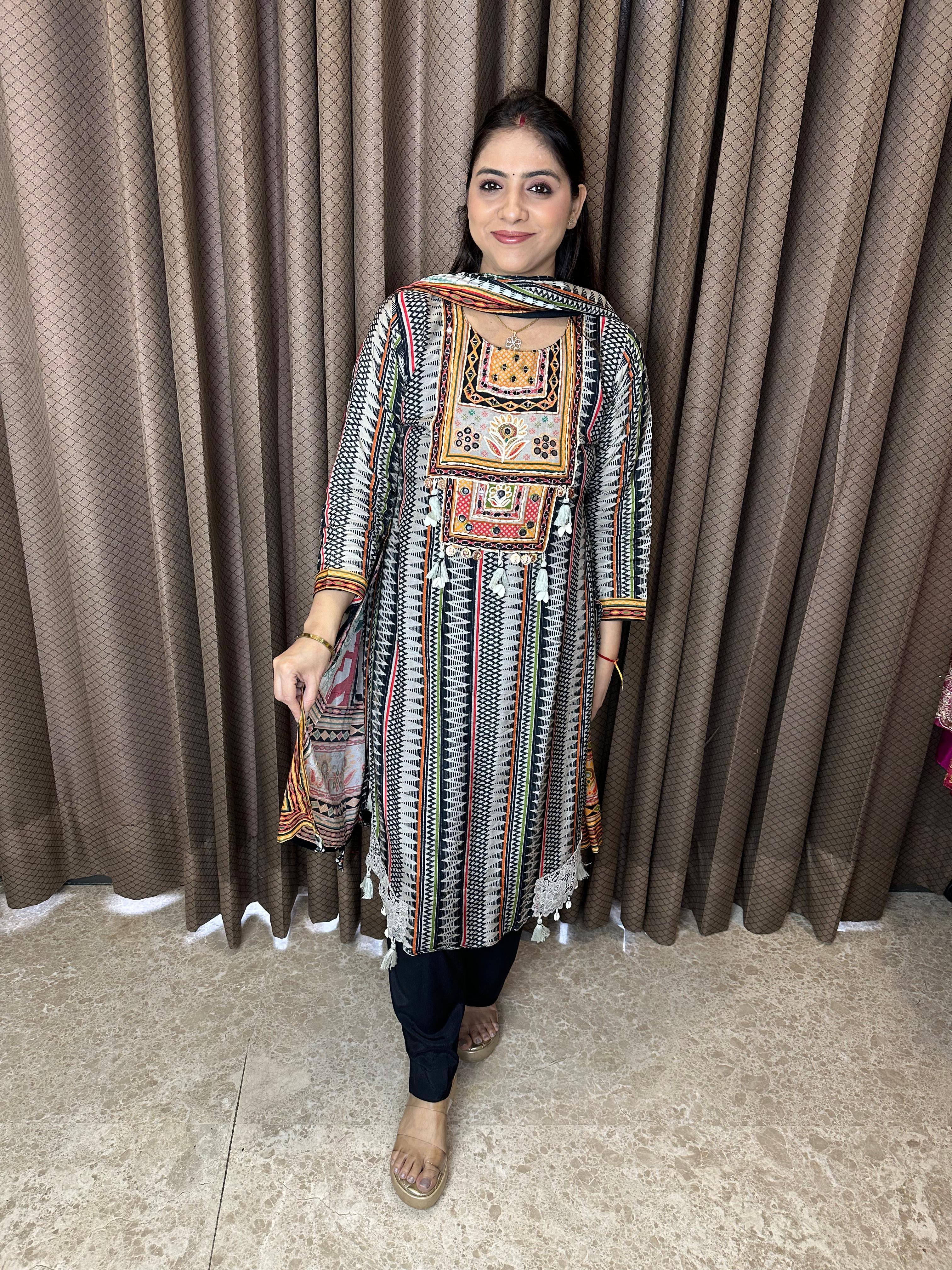 Black & Multicolor Striped Suit Set with Embroidered Yoke