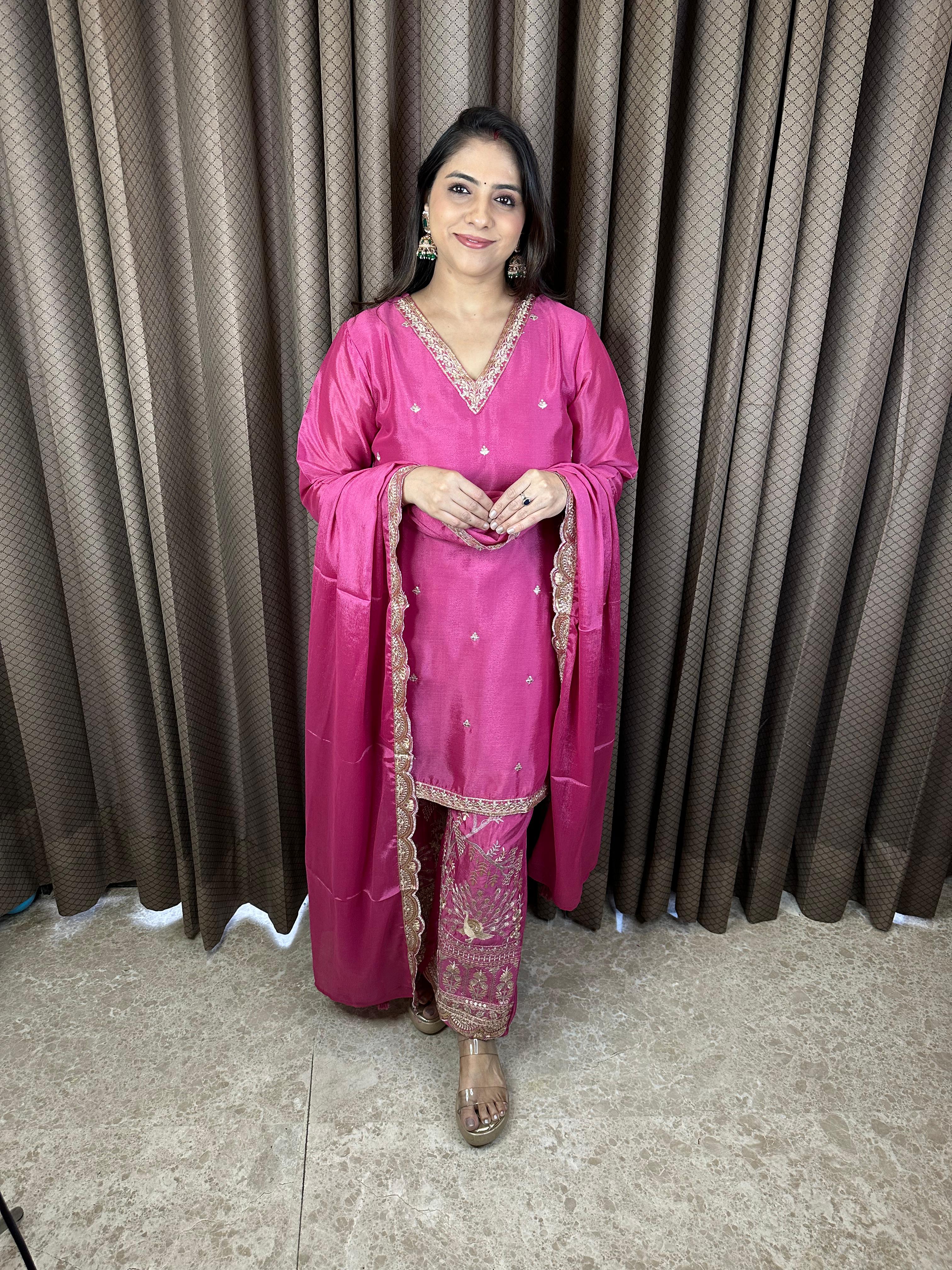 Fuchsia Pink Embroidered Suit Set with Sequined & Zari work Detailing