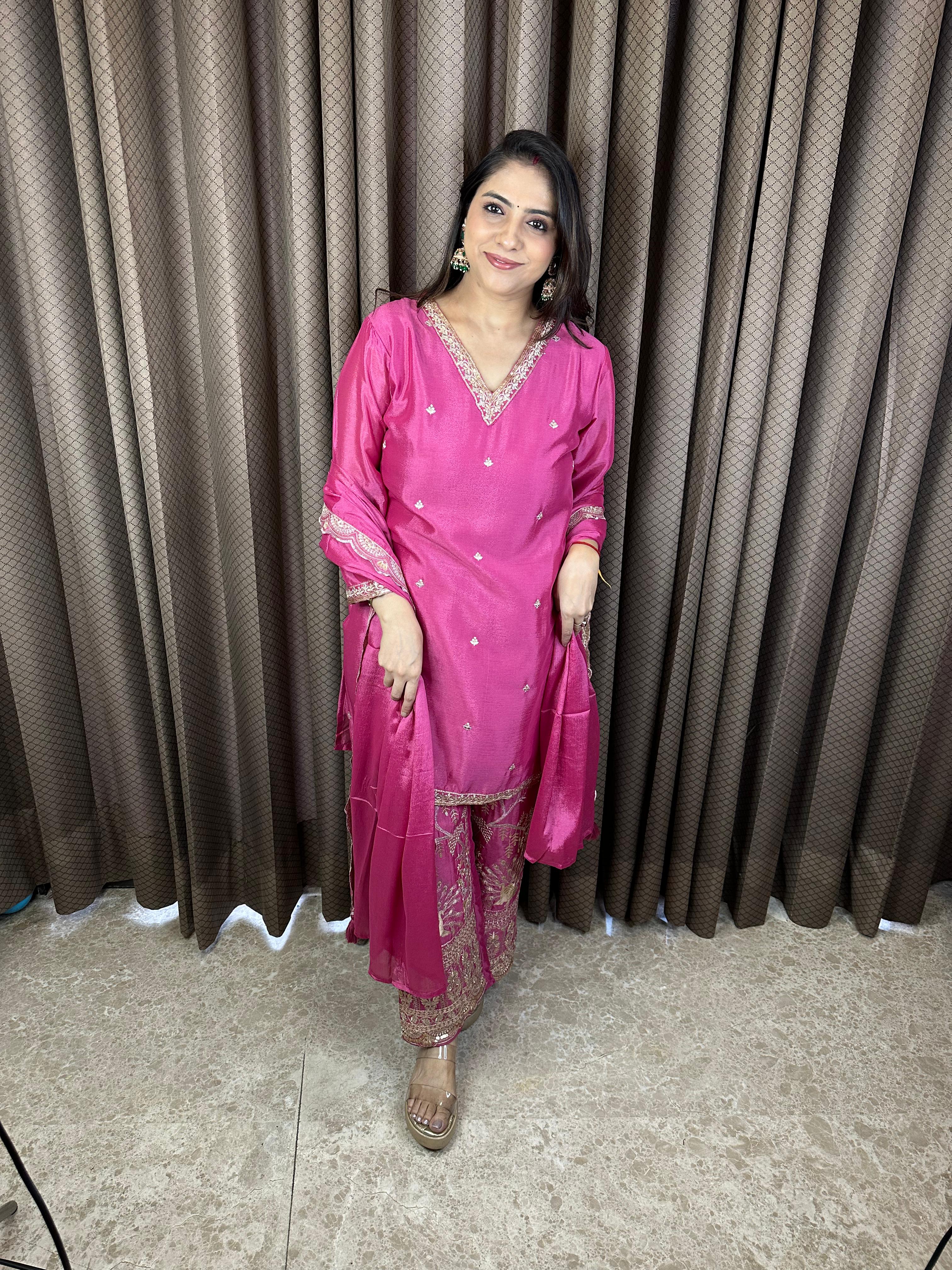 Fuchsia Pink Embroidered Suit Set with Sequined & Zari work Detailing