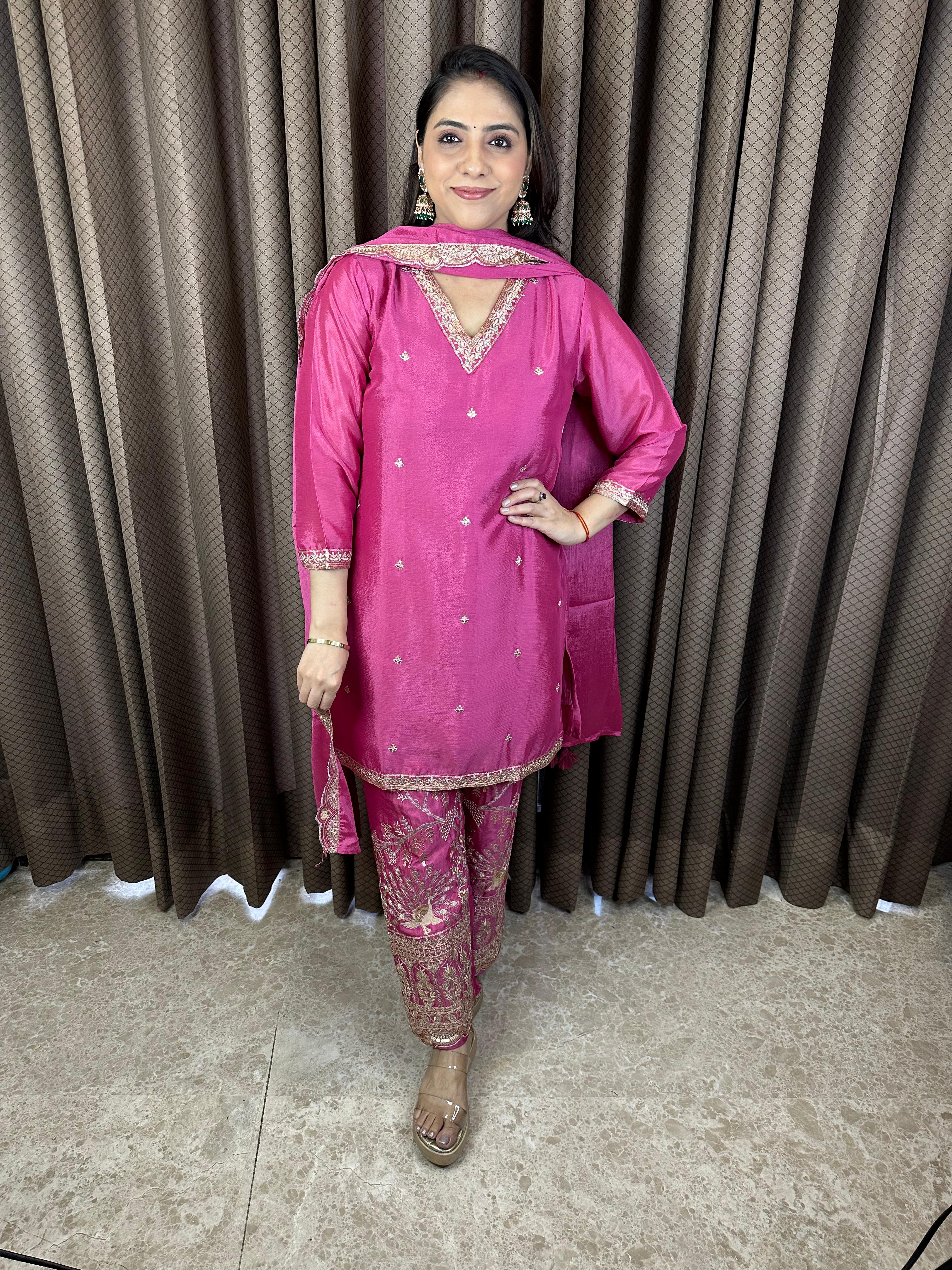 Fuchsia Pink Embroidered Suit Set with Sequined & Zari work Detailing