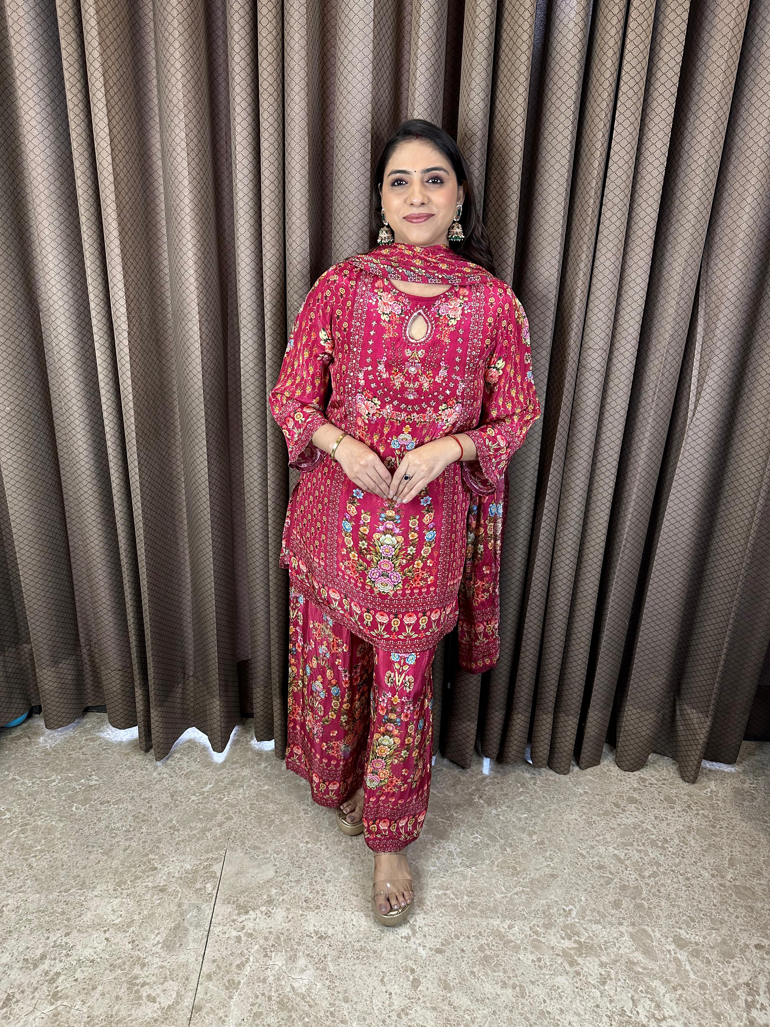 Deep Magenta Floral Printed Suit Set with Keyhole Neckline