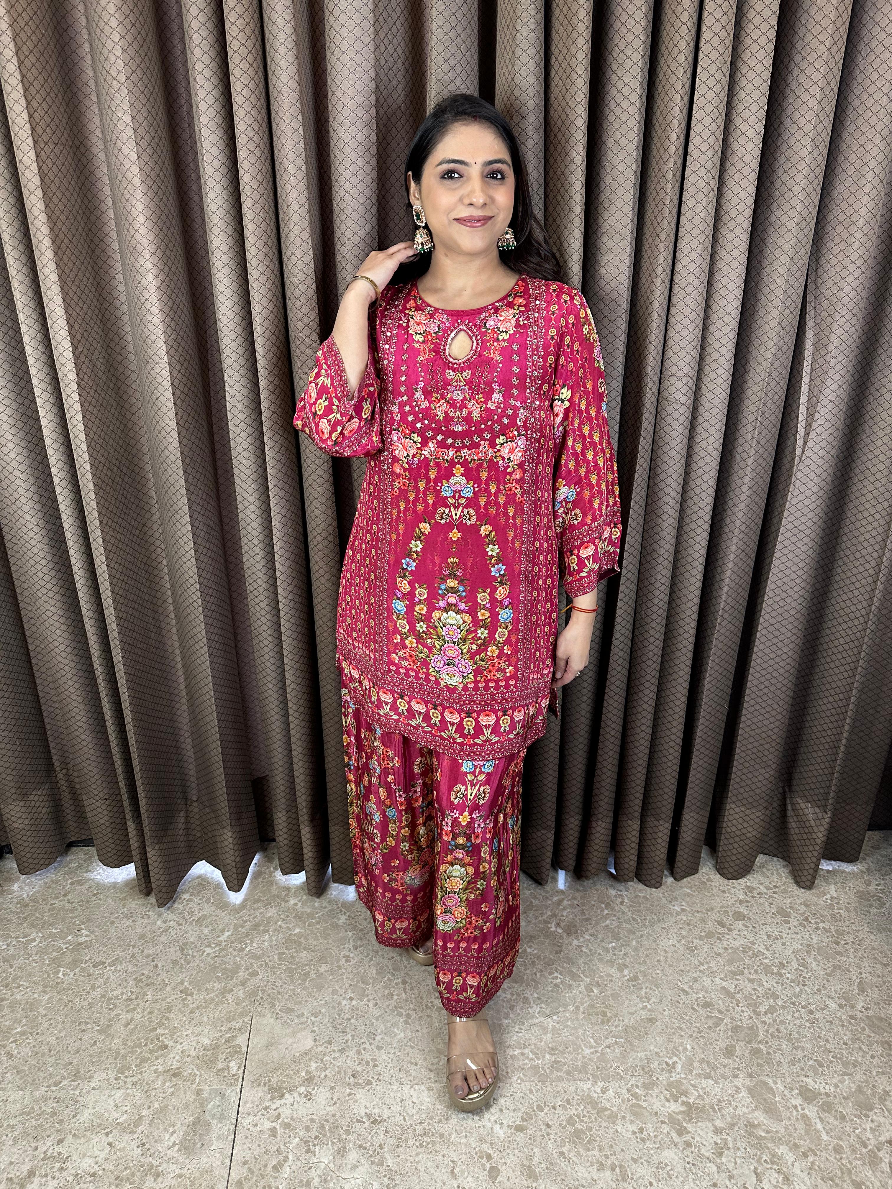 Deep Magenta Floral Printed Suit Set with Keyhole Neckline