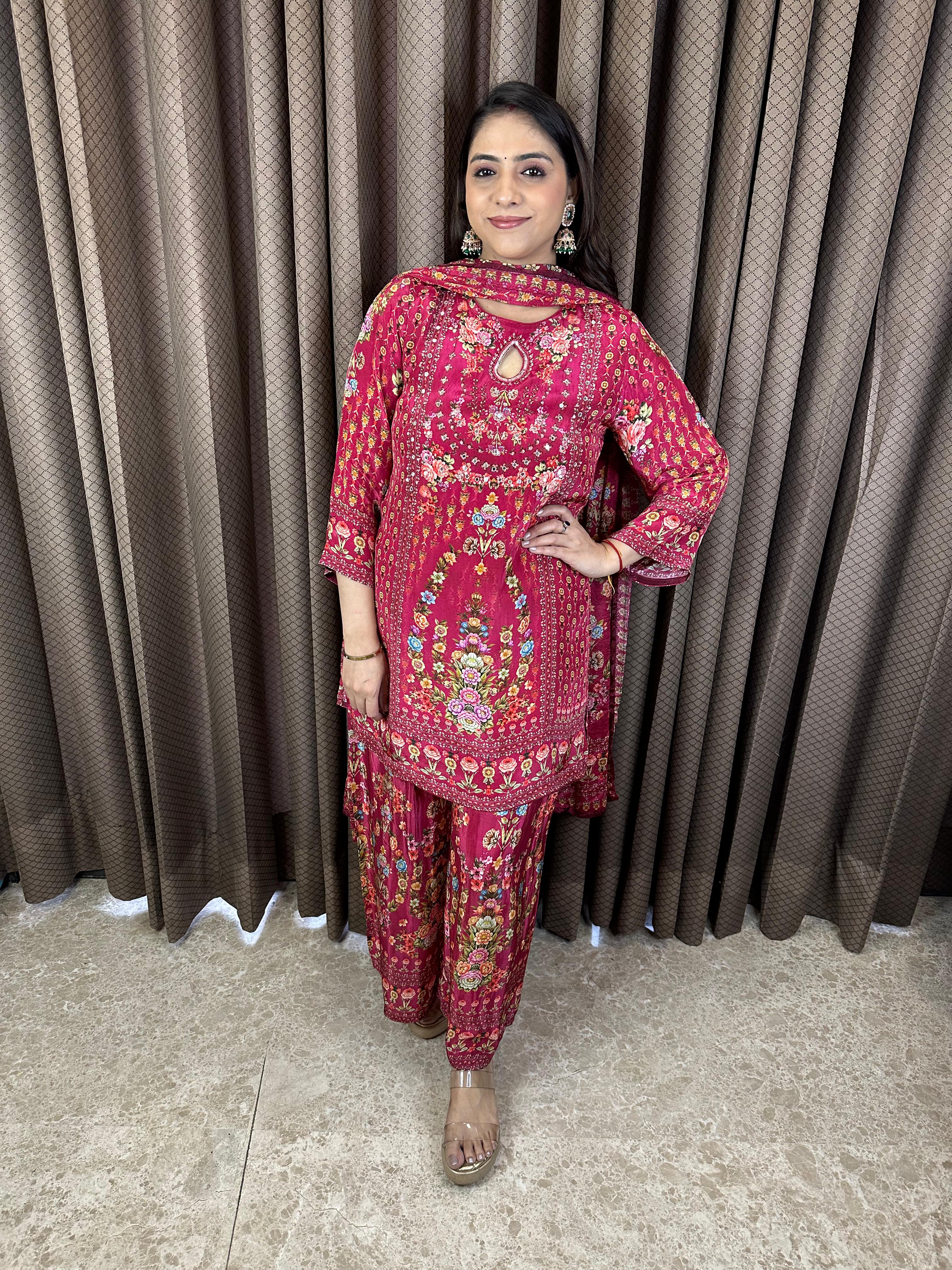 Deep Magenta Floral Printed Suit Set with Keyhole Neckline