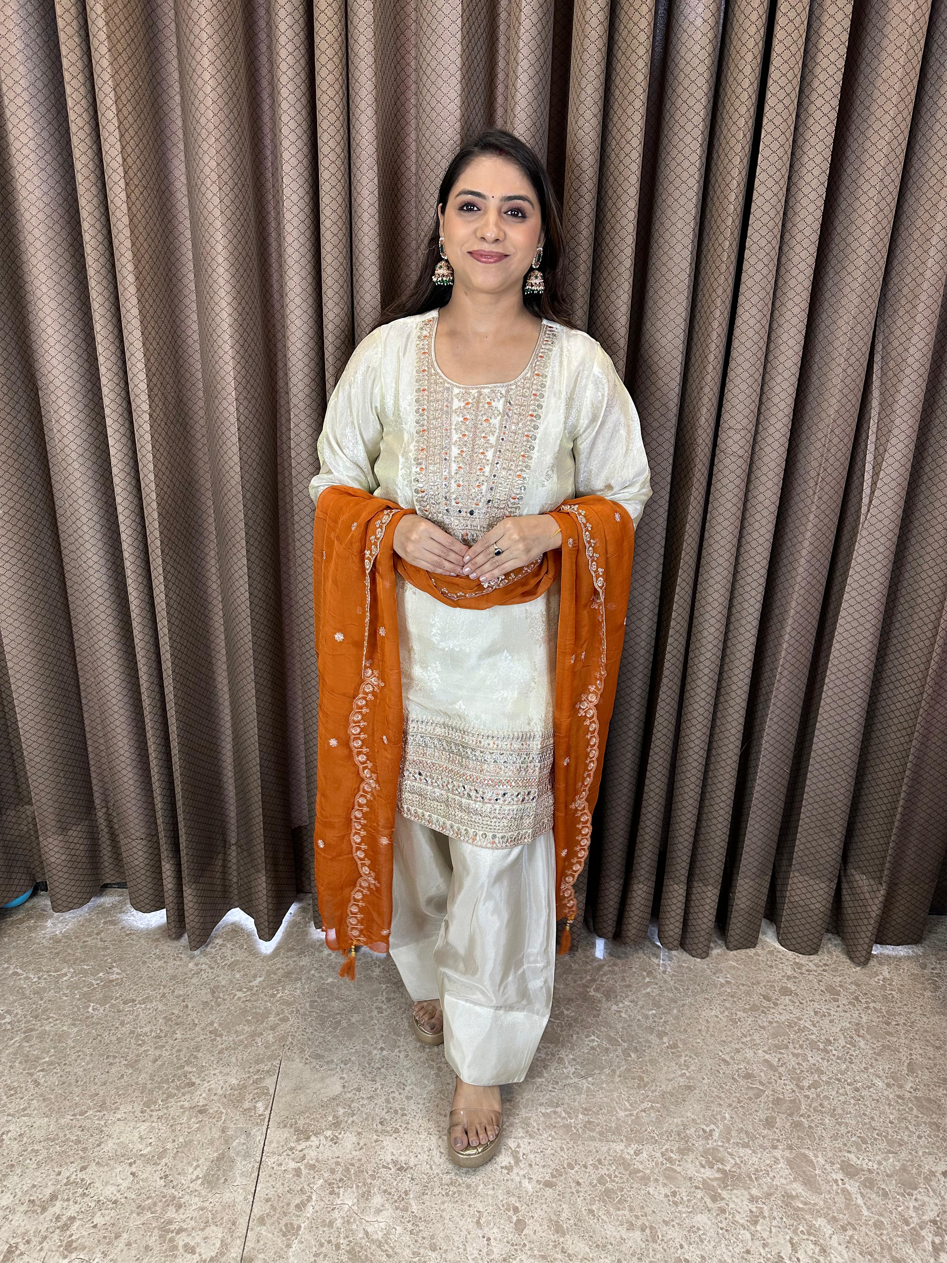 Ivory Mirror Work Suit with Farshi Salwar & Rust Dupatta