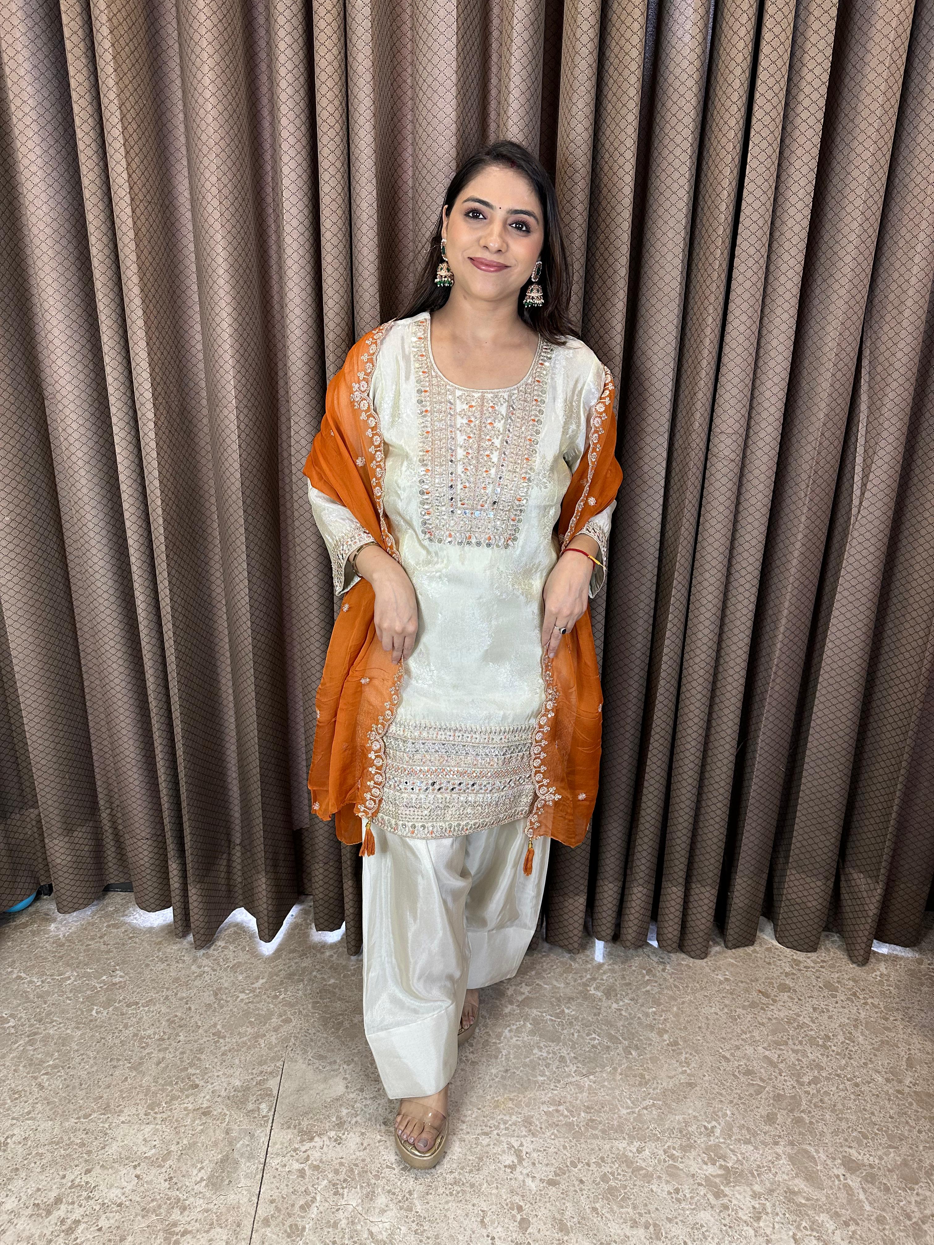 Ivory Mirror Work Suit with Farshi Salwar & Rust Dupatta