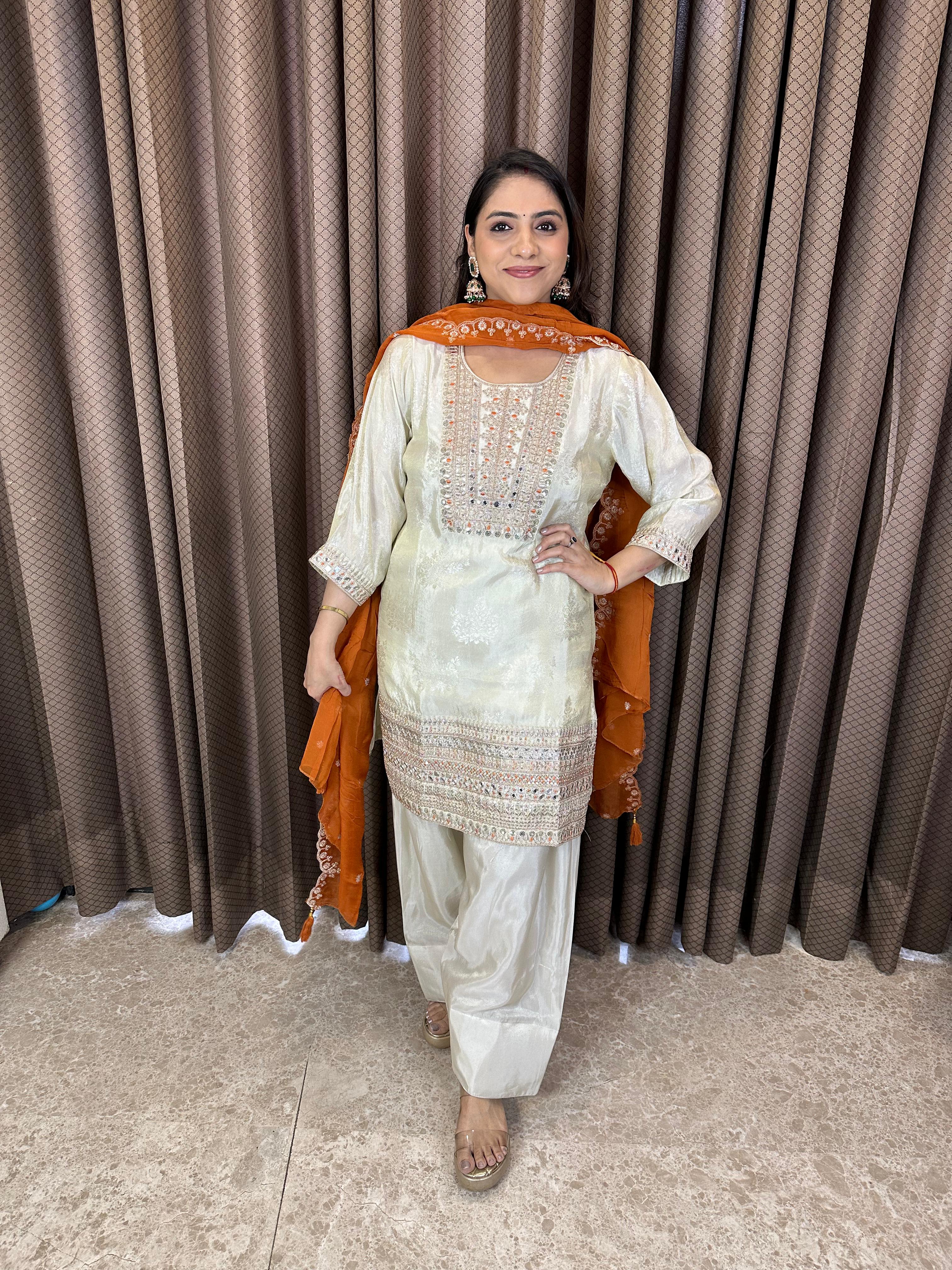 Ivory Mirror Work Suit with Farshi Salwar & Rust Dupatta