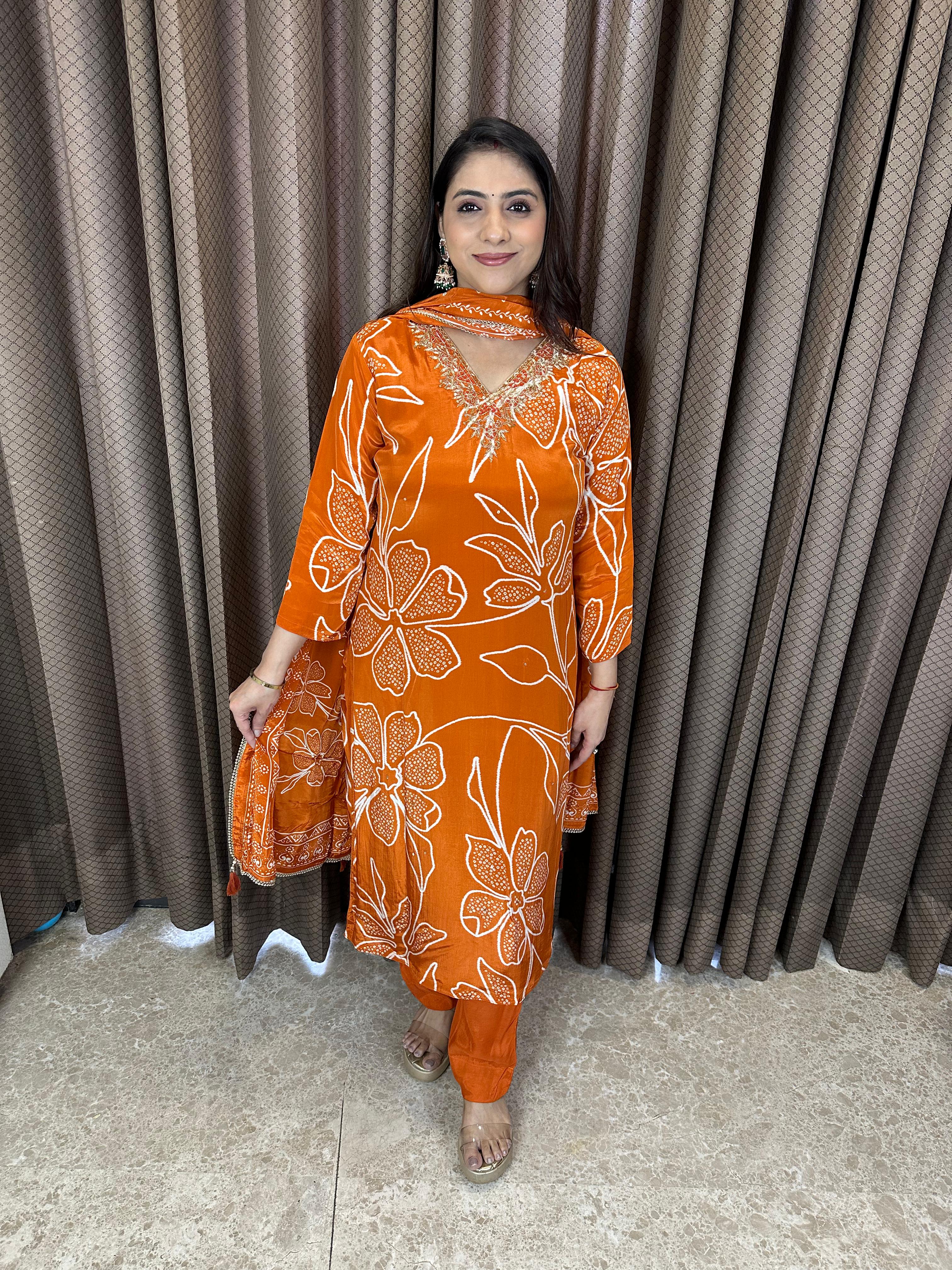 Rust Orange Floral Printed Suit Set with Embellished Neckline