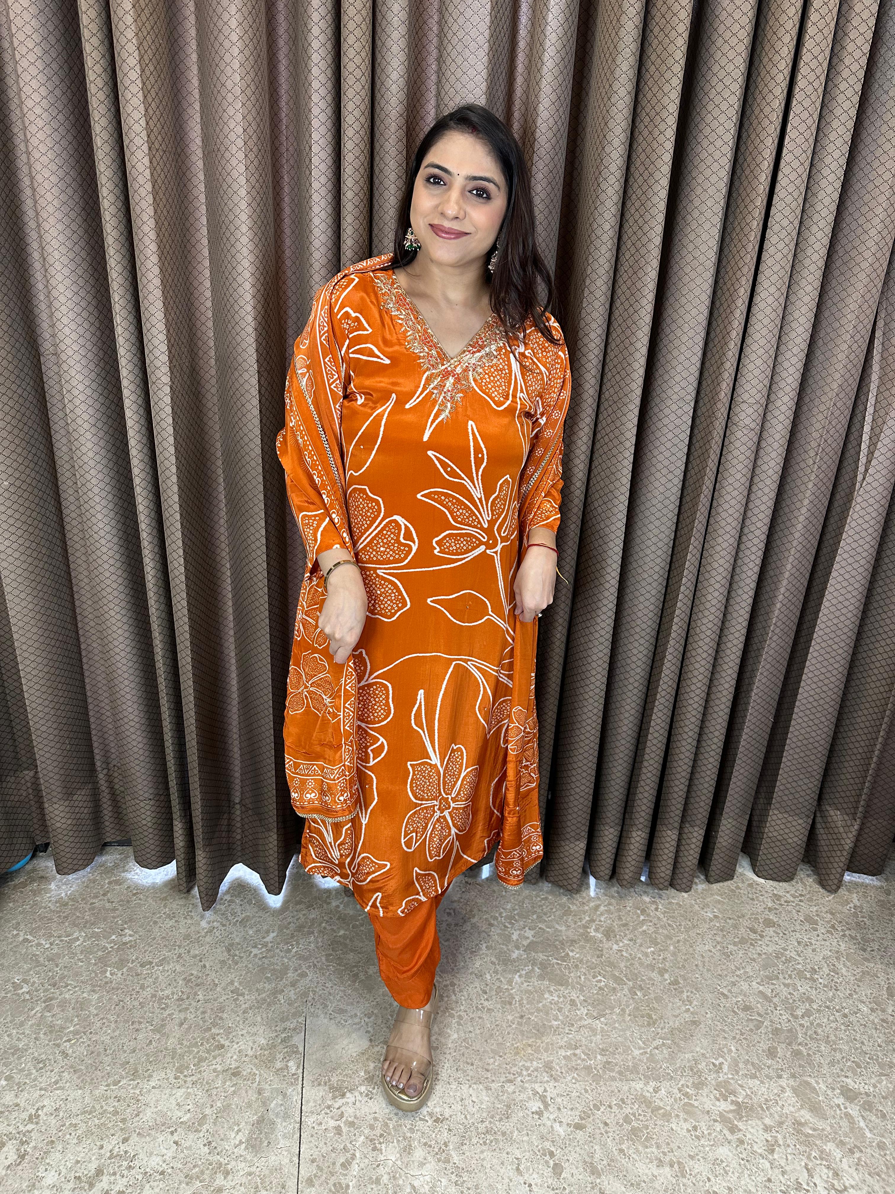 Rust Orange Floral Printed Suit Set with Embellished Neckline