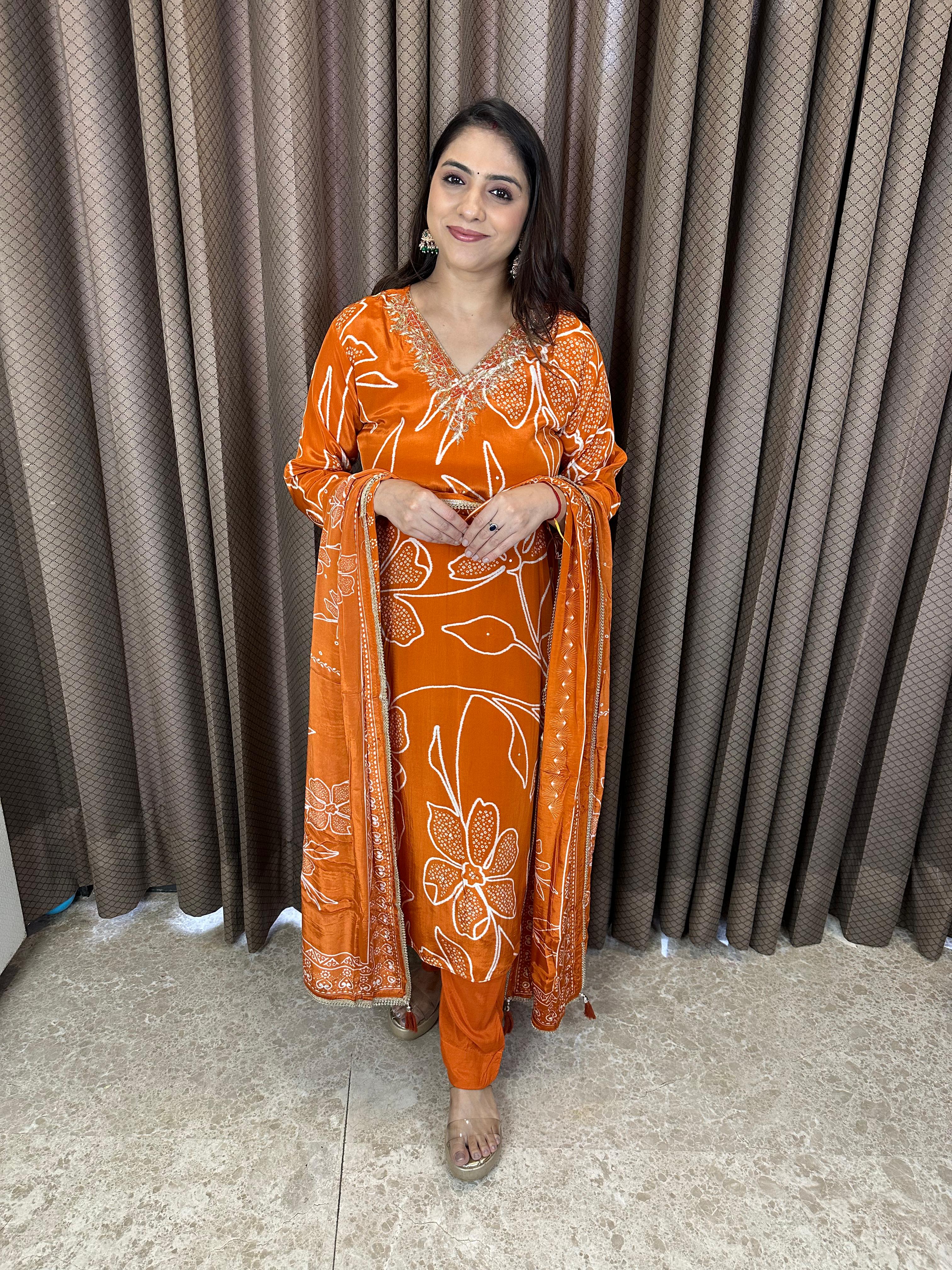 Rust Orange Floral Printed Suit Set with Embellished Neckline