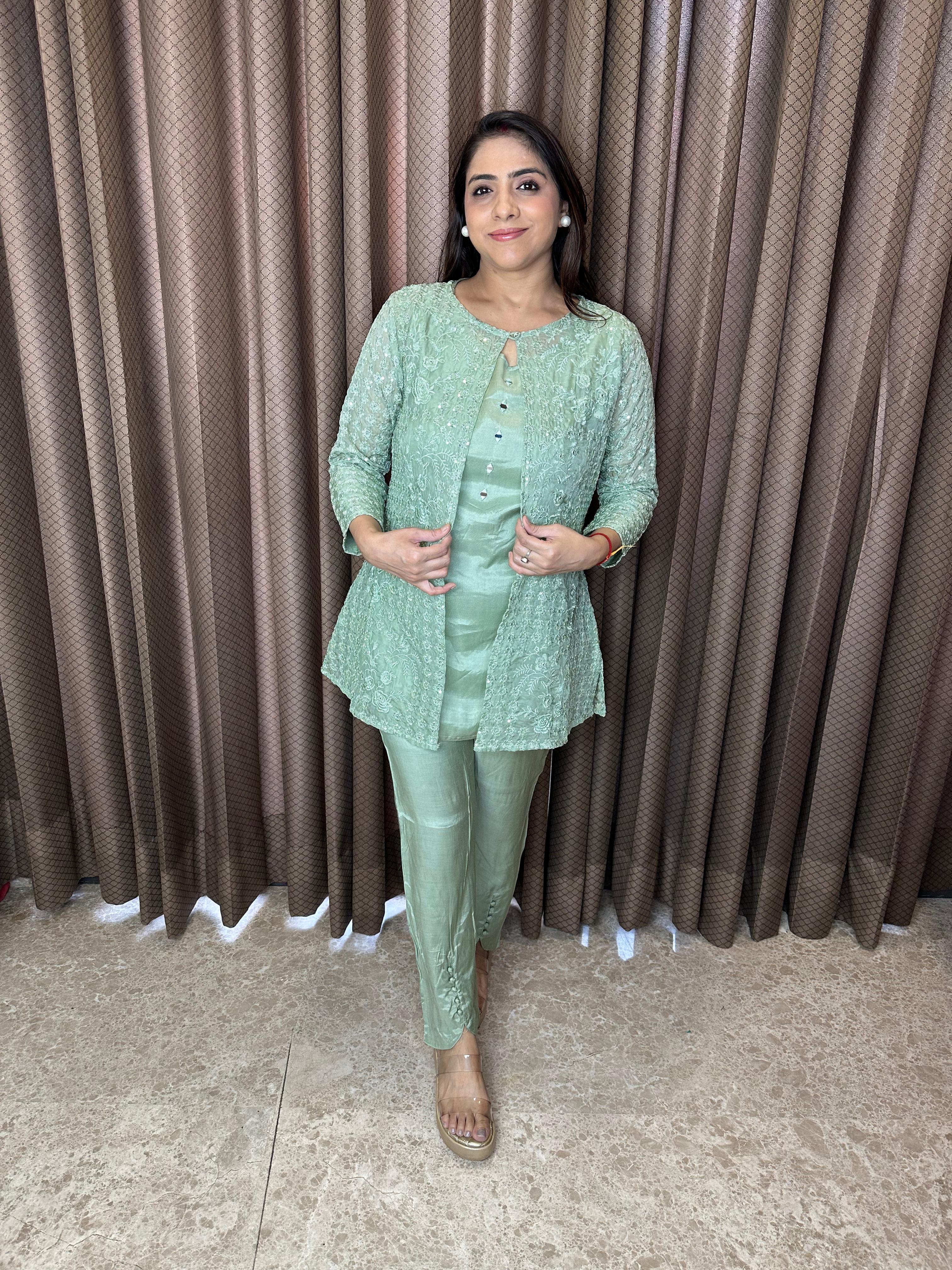 Pastel Green Embroidered Layered Co-ord Set