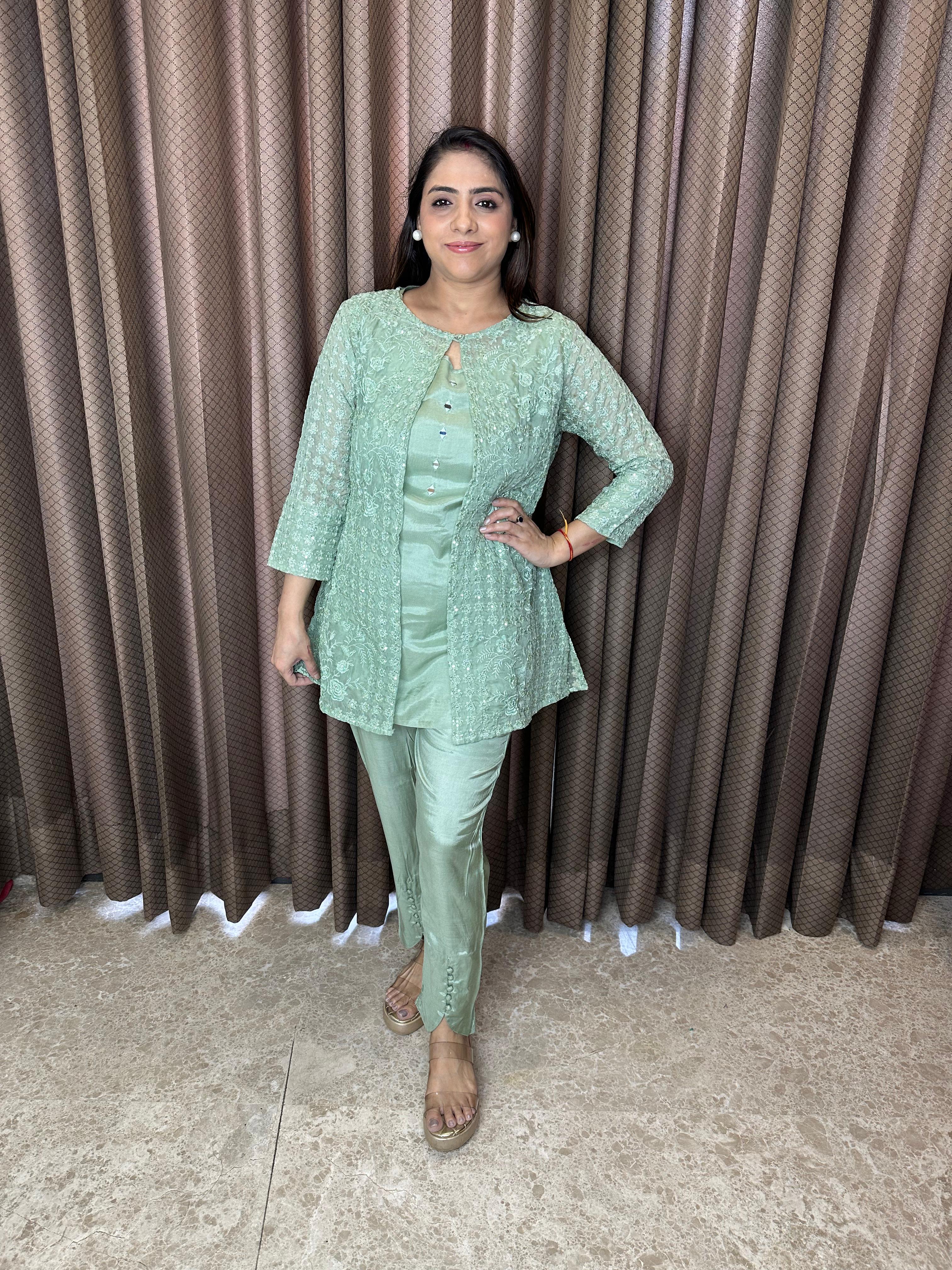 Pastel Green Embroidered Layered Co-ord Set