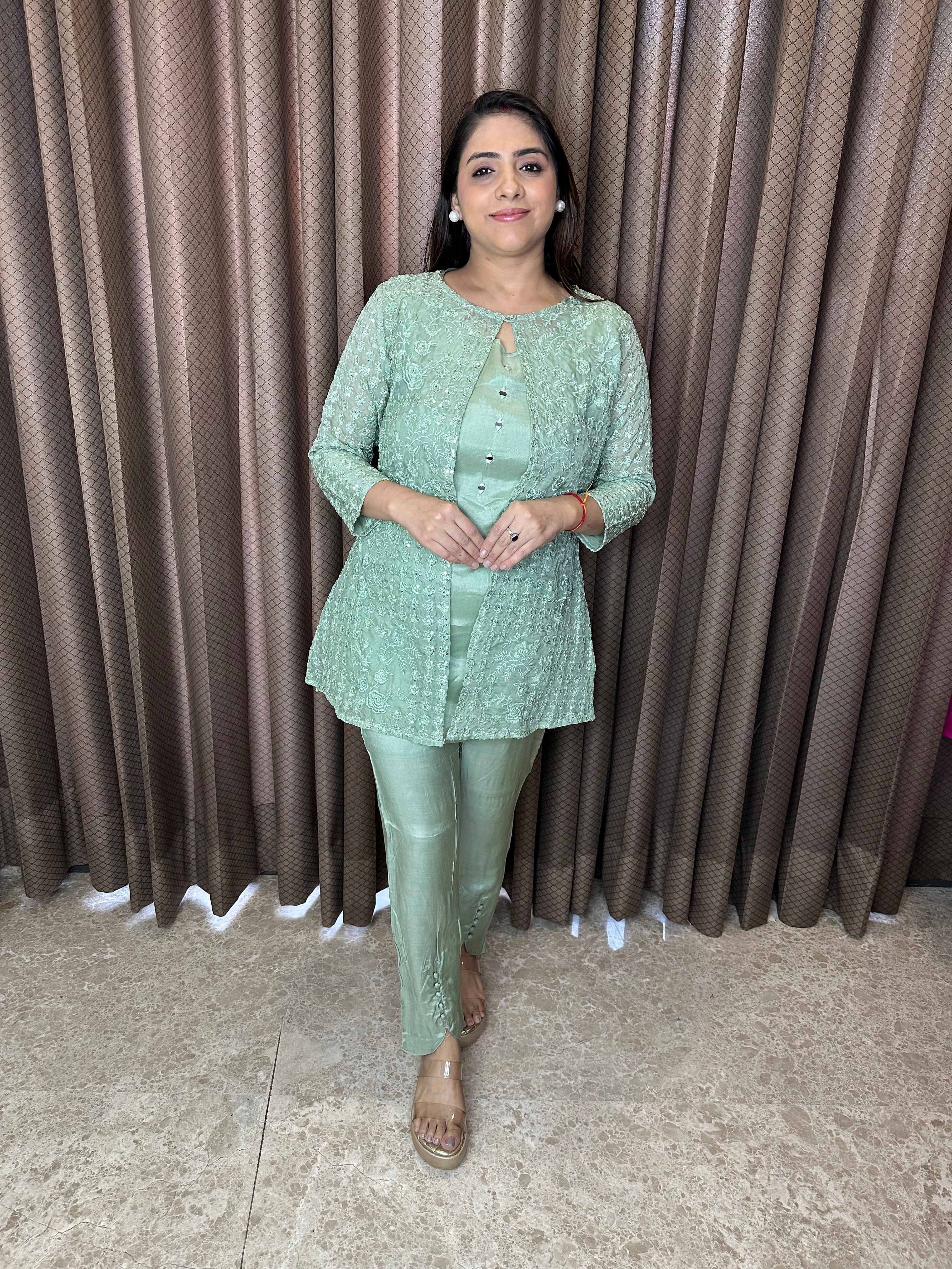 Pastel Green Embroidered Layered Co-ord Set