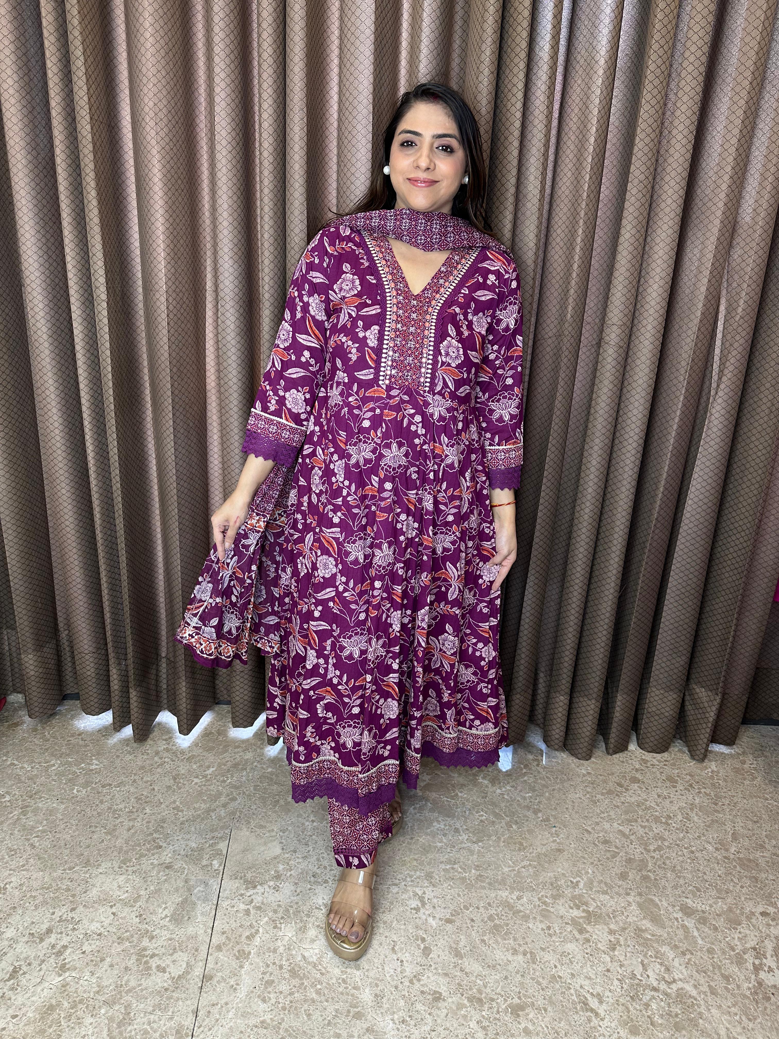 Wine Floral Printed Anarkali Kurta Set with Dupatta