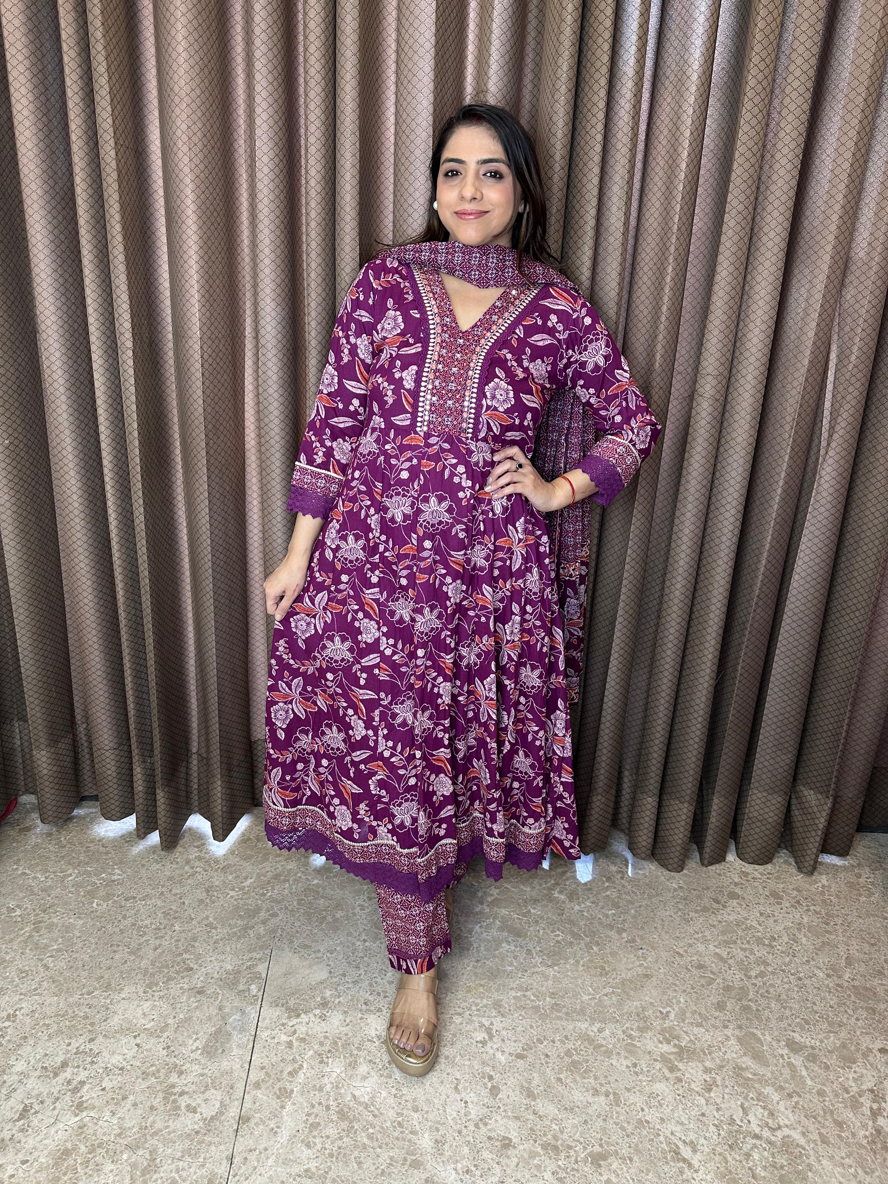 Wine Floral Printed Anarkali Kurta Set with Dupatta