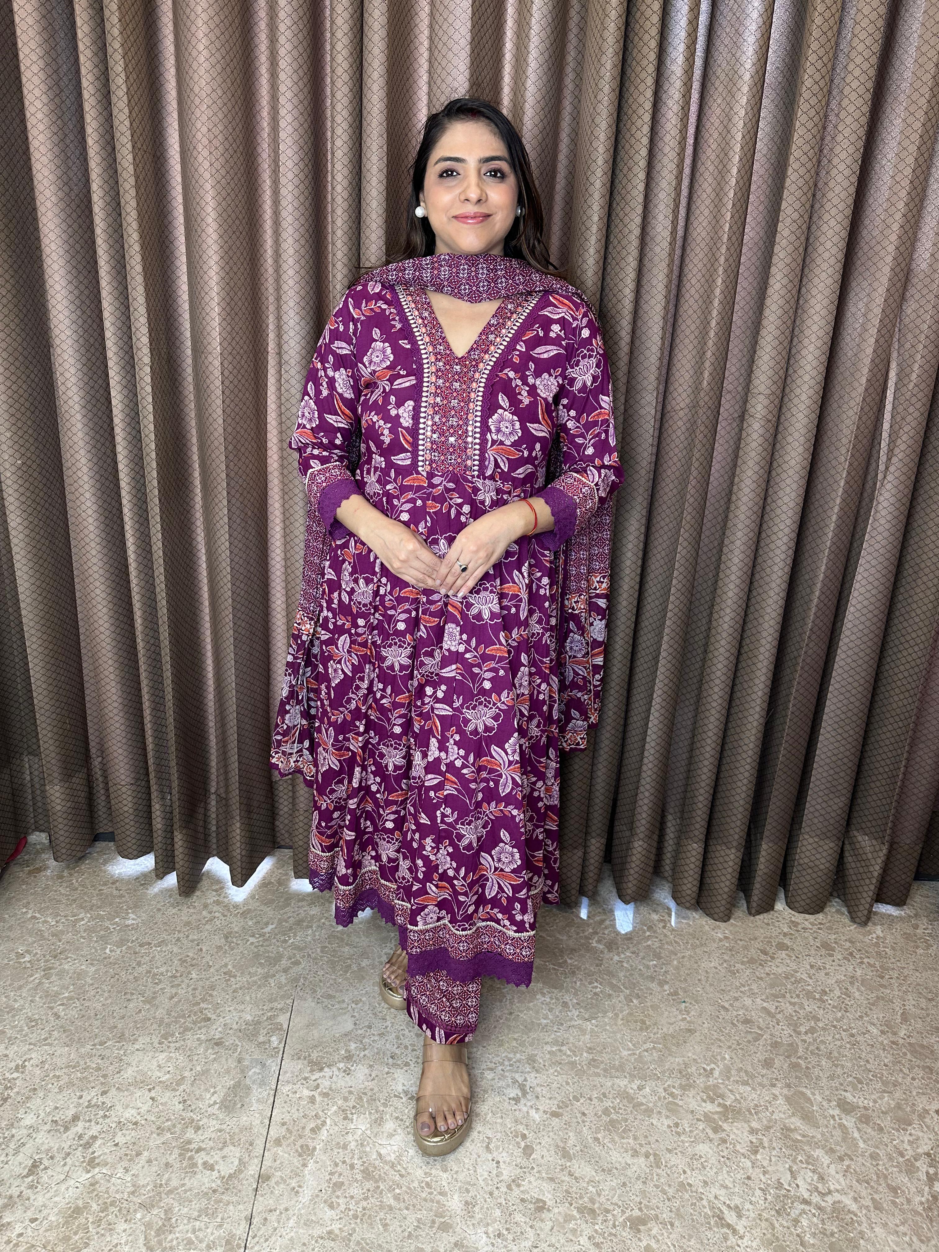 Wine Floral Printed Anarkali Kurta Set with Dupatta