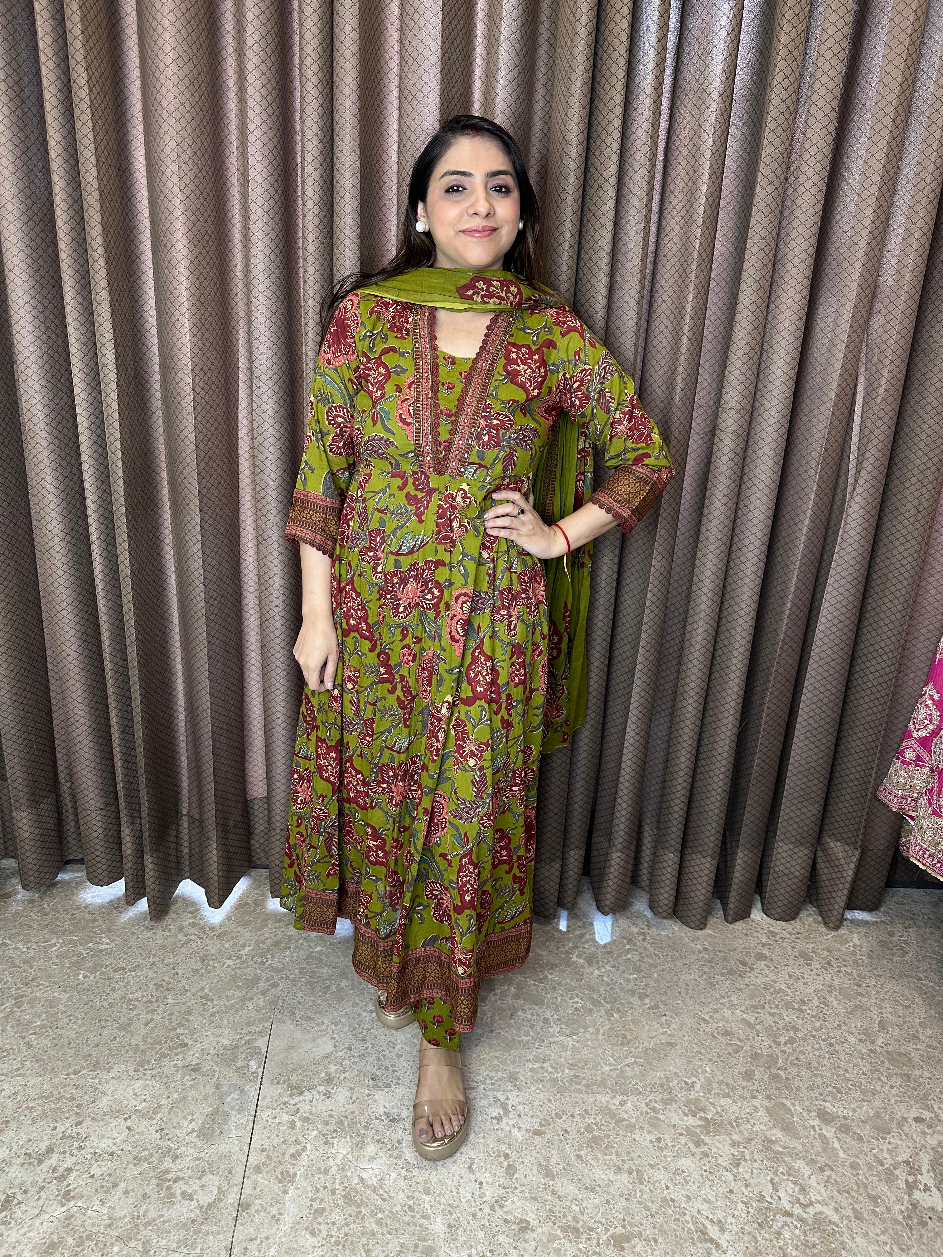 Olive Green Floral Printed Anarkali Kurta Set with Dupatta