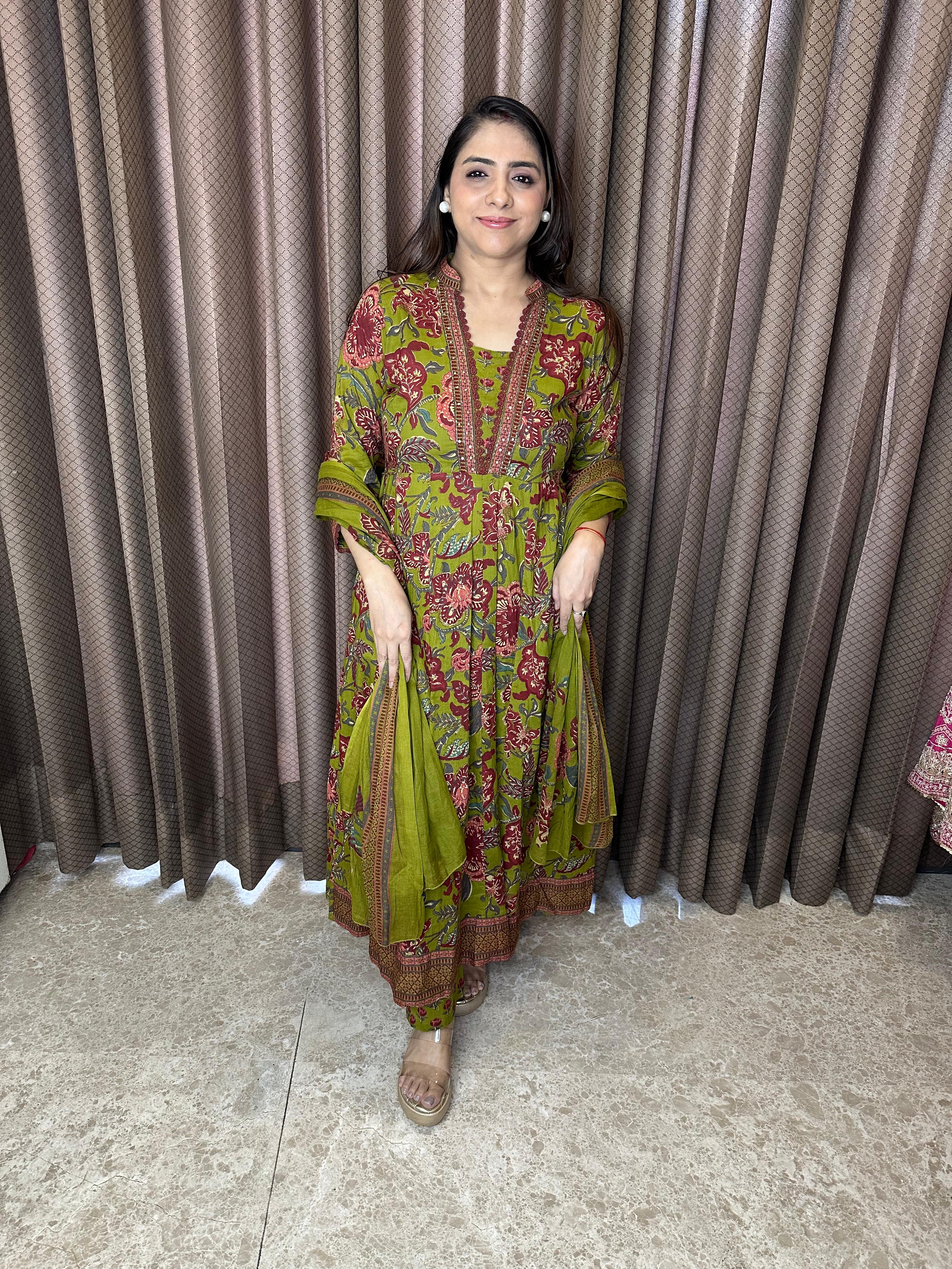 Olive Green Floral Printed Anarkali Kurta Set with Dupatta