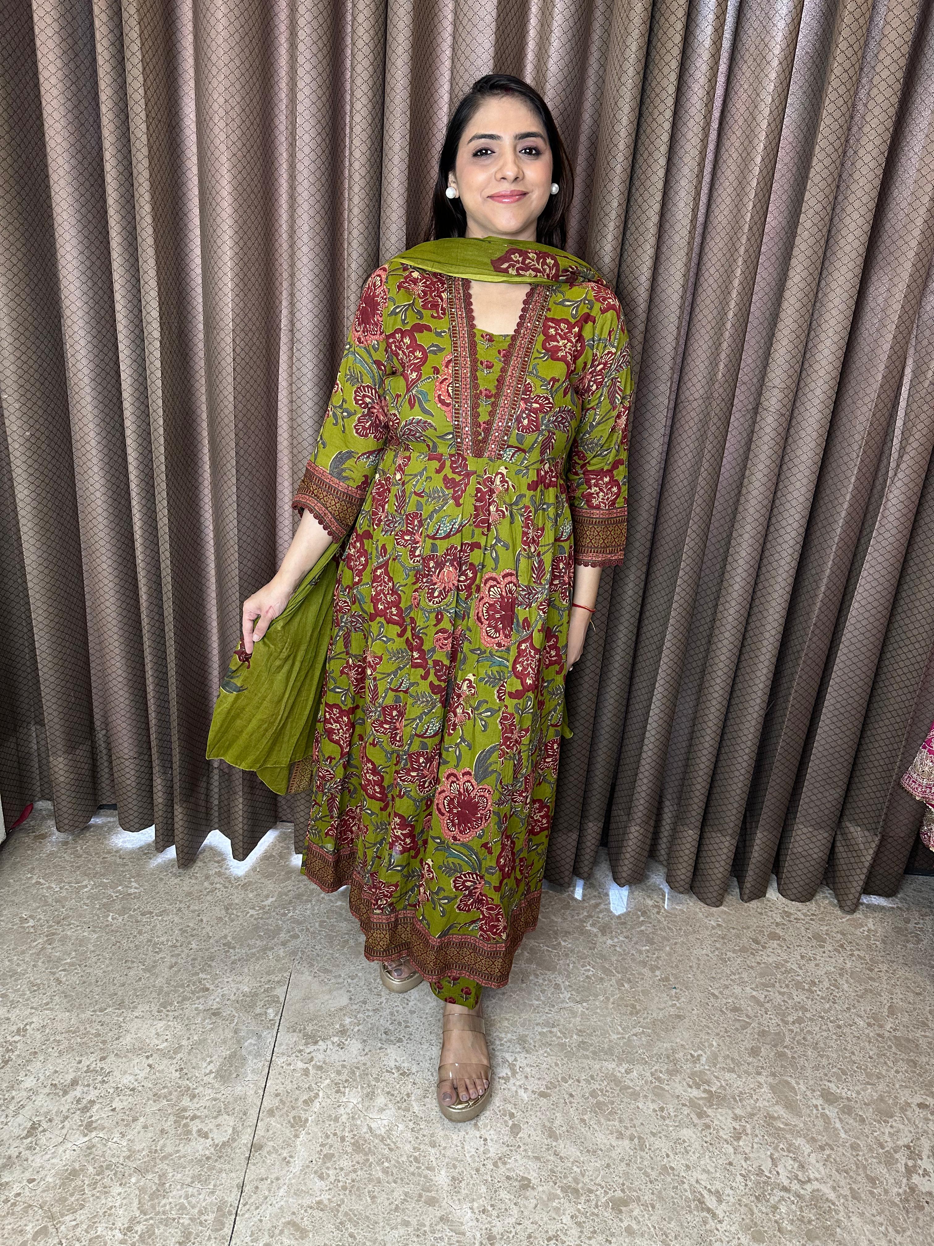 Olive Green Floral Printed Anarkali Kurta Set with Dupatta