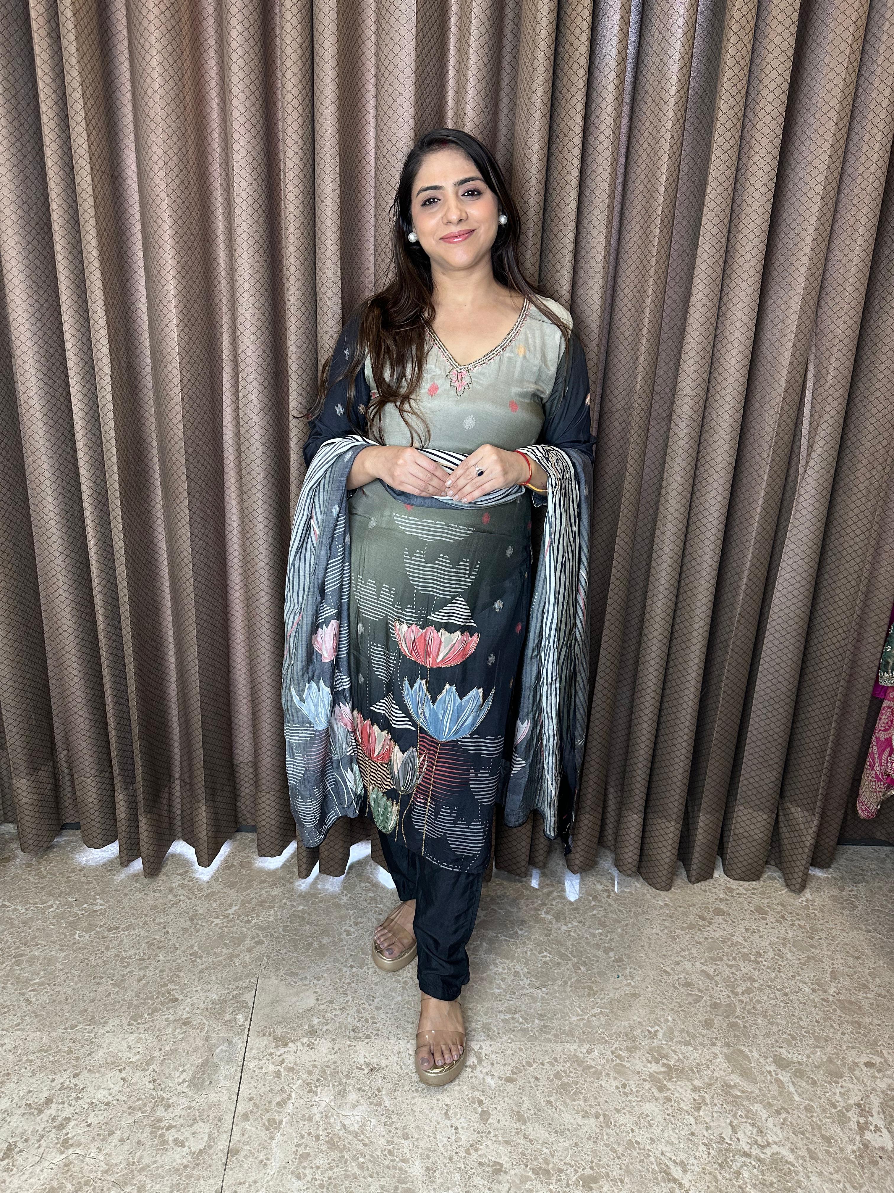Black Floral Printed Kurta Set with Dupatta
