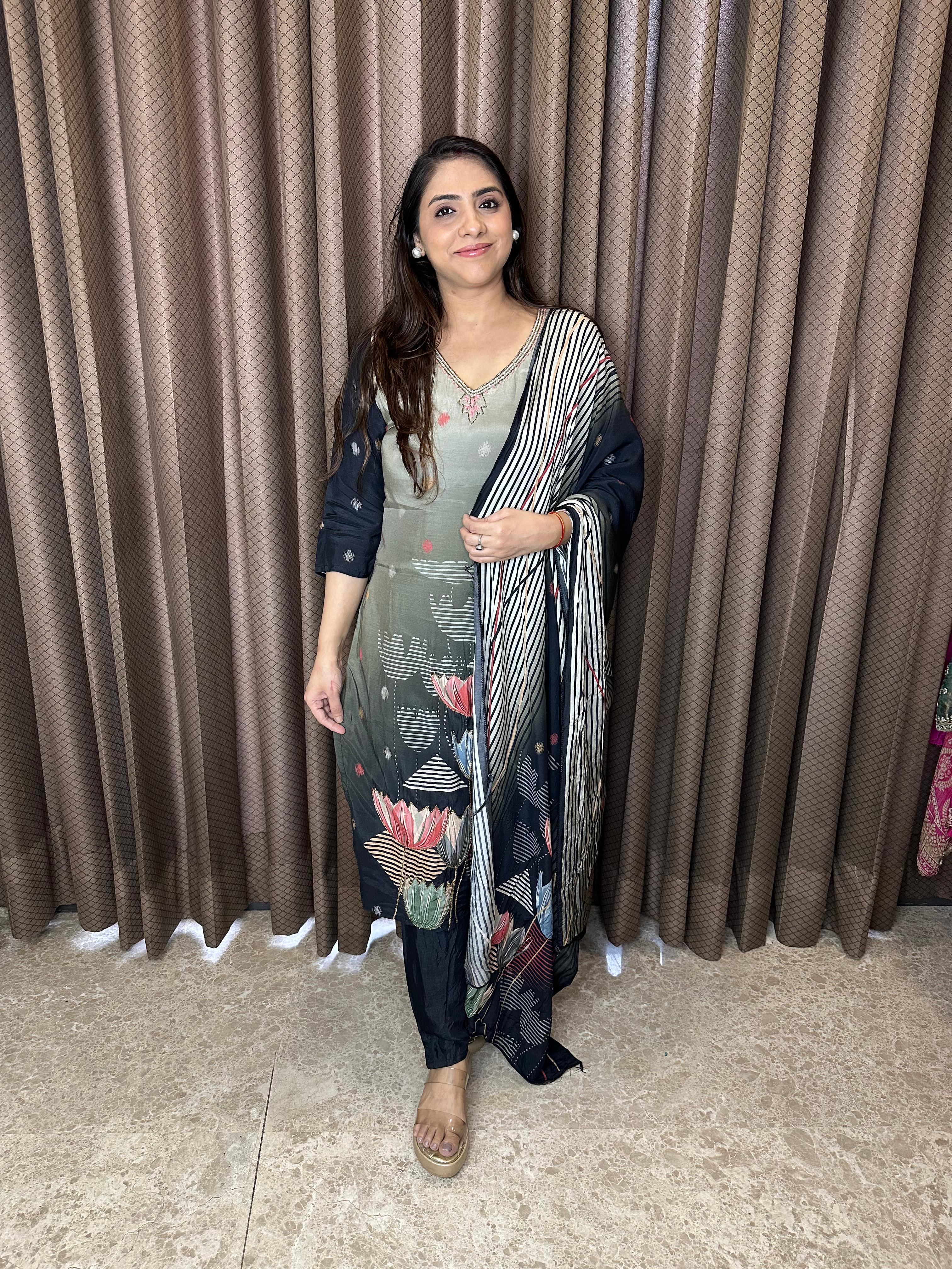 Black Floral Printed Kurta Set with Dupatta