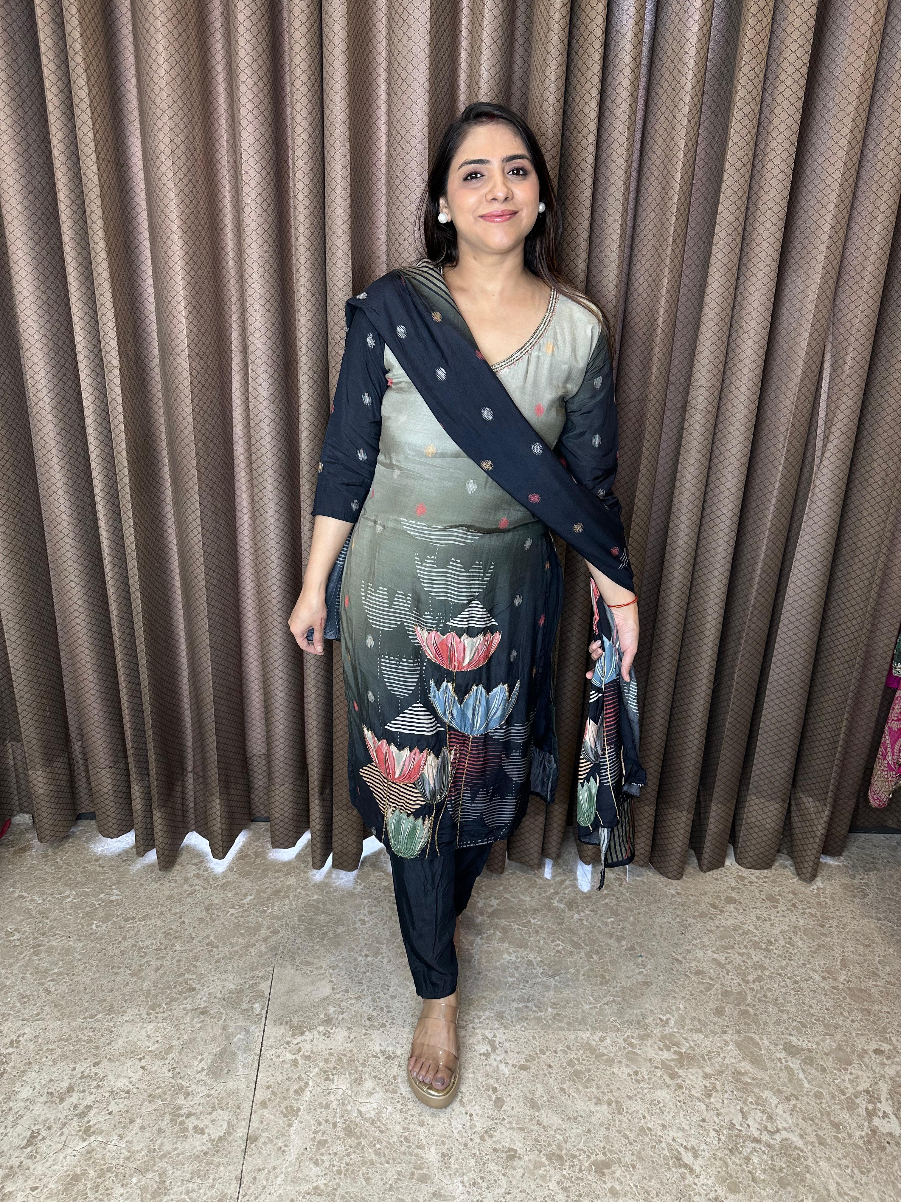 Black Floral Printed Kurta Set with Dupatta