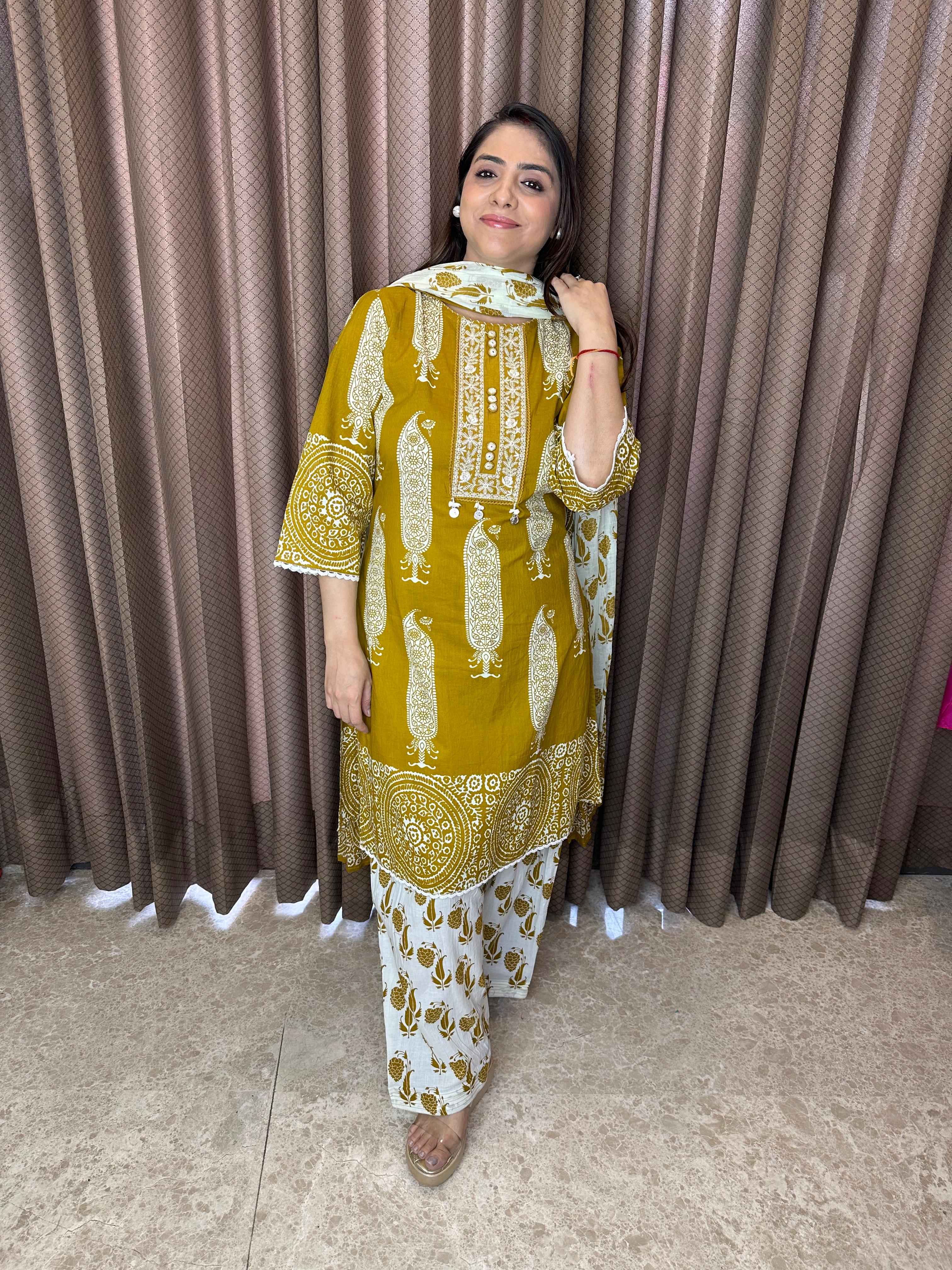 Mustard Printed Farshi Set with Dupatta