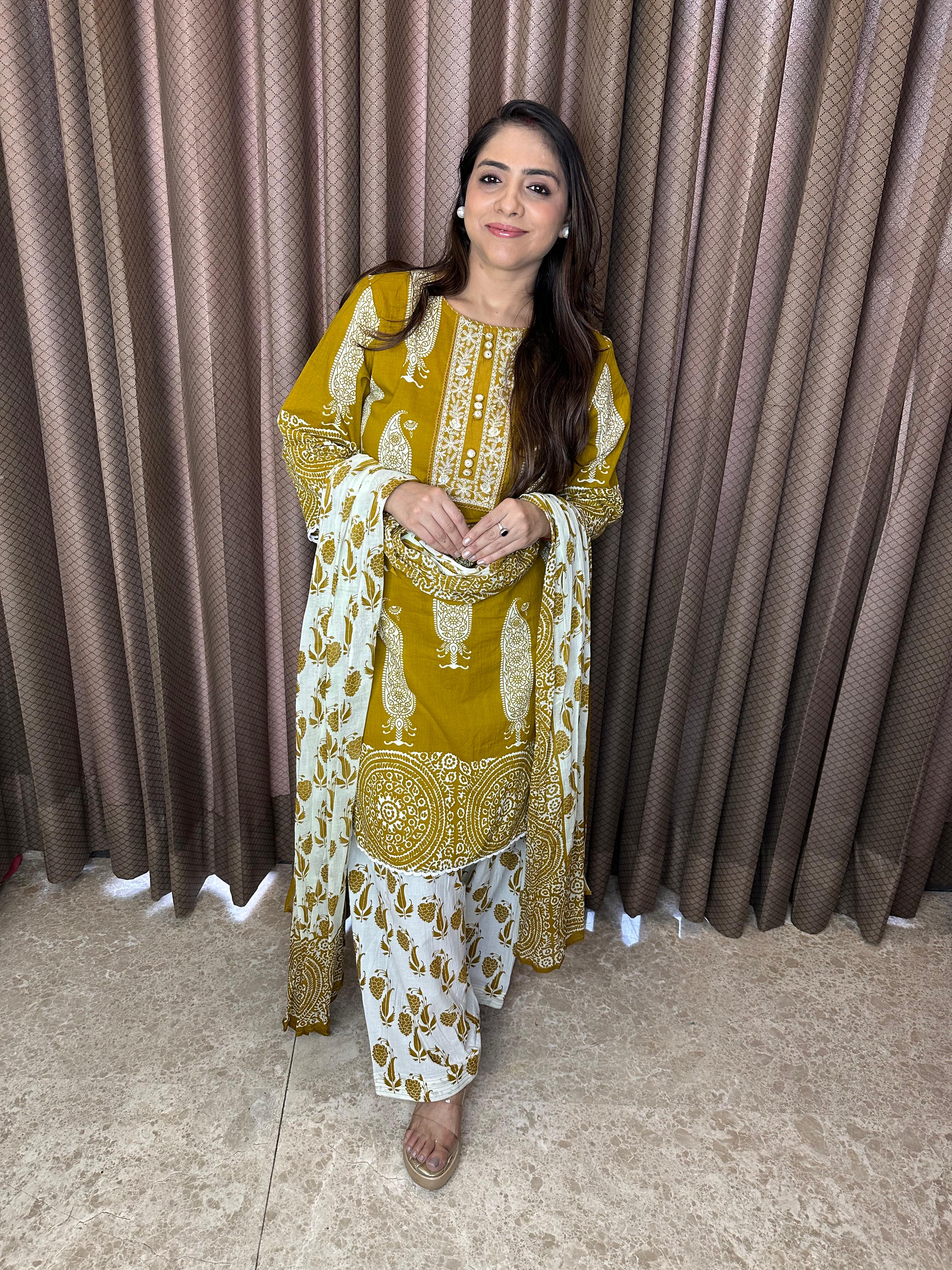 Mustard Printed Farshi Set with Dupatta